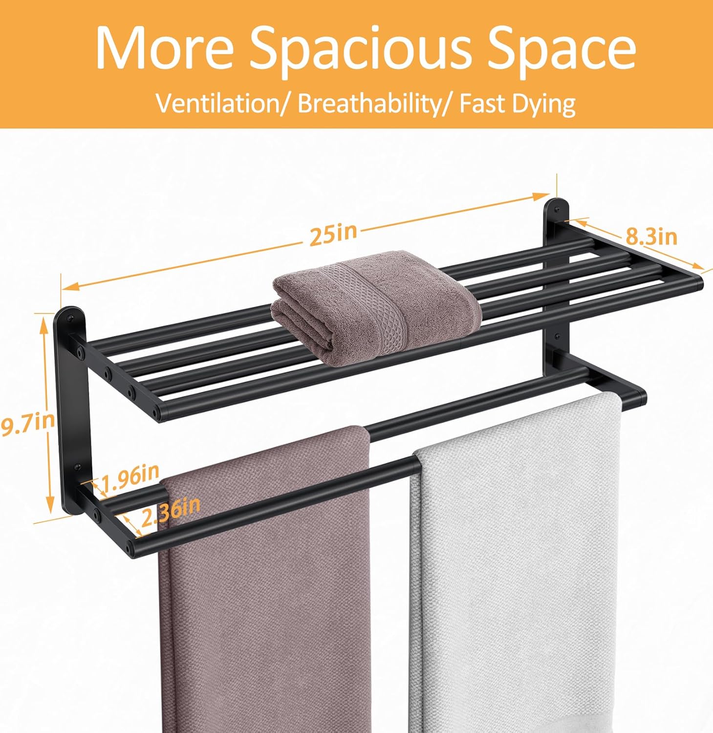 Double Towel Racks for Bathroom, Towel Shelf with Double Towel Bar 24 inch, Towel Rack with Shelf for Bathroom, Stainless Steel Towel Holder Wall Mounted, Towel Storage for Bathroom Lavatory Black - Image 6