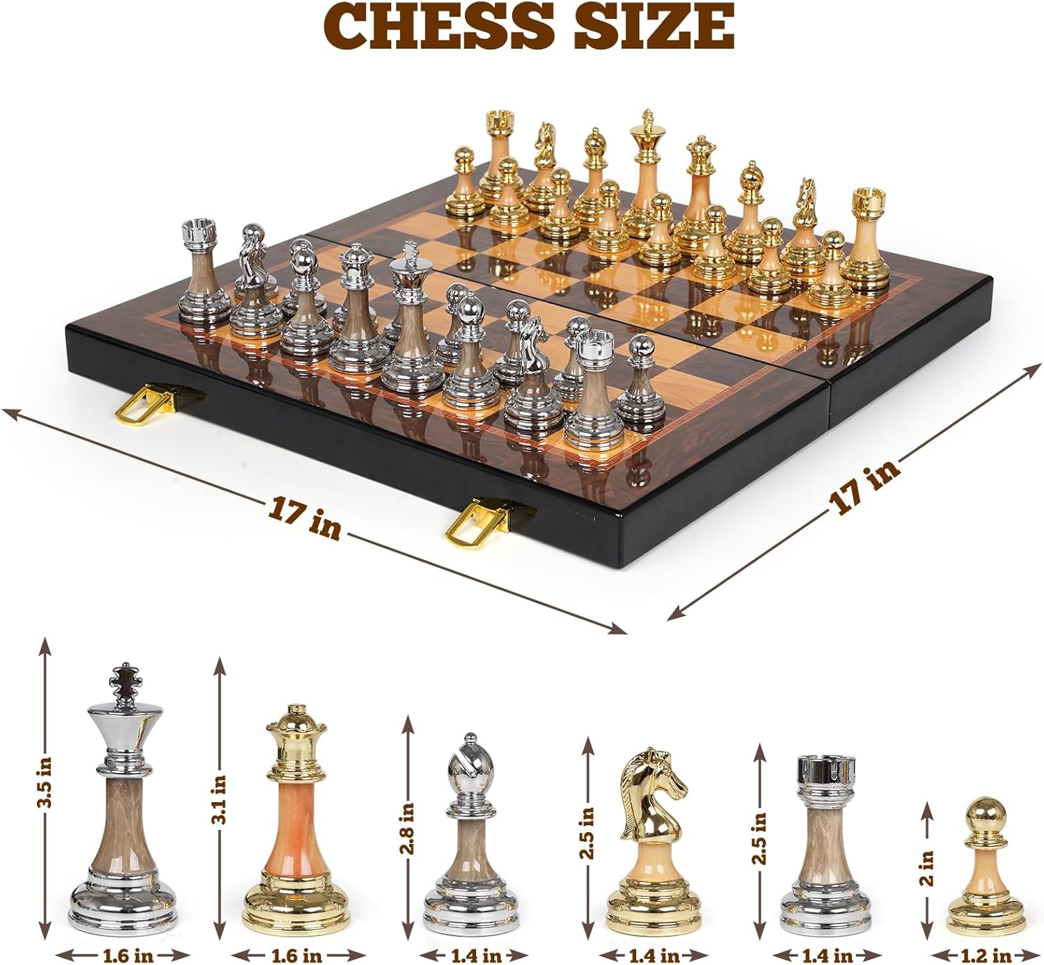 Luxury Large Metal & Acrylic Chess Set with Wooden Chess Board (17”) – Weighted Chess Pieces with 3.5” King, Foldable Tournament Chess Set for Adults and Kids, Professional Chess Game Set