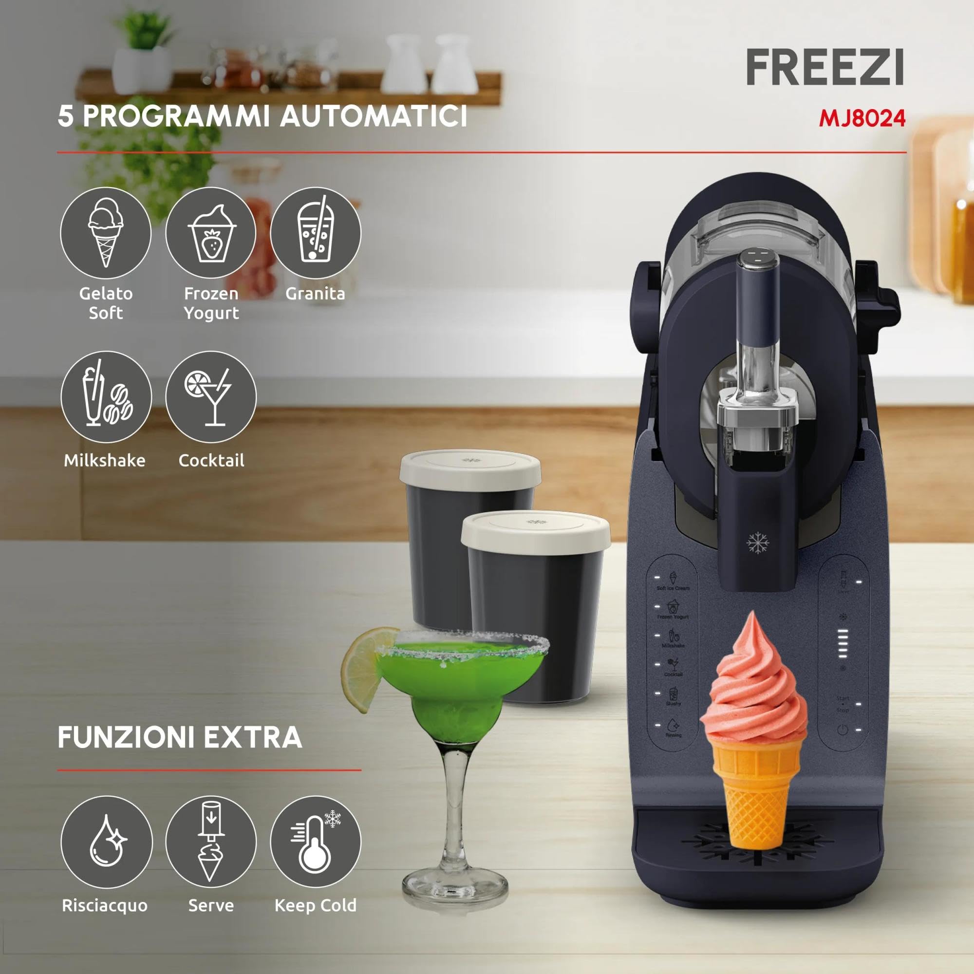 Moulinex Freezi, Gelatiera e Macchina per Bevande Ghiacciate 16-in-1, Golosità Gelate all'Istante, Facile da Usare, Capacità Ampia, MJ8024F0