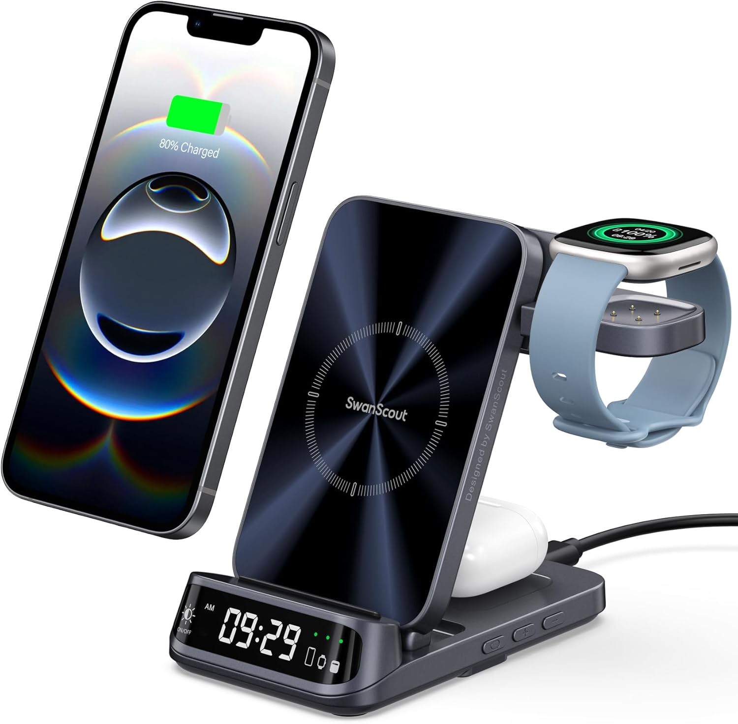 Wireless Charger for Fitbit Versa 4/3/Sense 2/1/Ace LTE, Charging Station for iPhone 17/16/15/14/13, for Samsung S25/S24/S23, 3-in-1 Charger Stand for AirPods/Galaxy Buds, SwanScout 708FB (No Adapter)