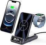Wireless Charger for Fitbit Versa 4/3/Sense 2/1/Ace LTE, Charging Station for iPhone 17/16/15/14/13, for Samsung S25/S24/S23, 3-in-1 Charger Stand for AirPods/Galaxy Buds, SwanScout 708FB (No Adapter)
