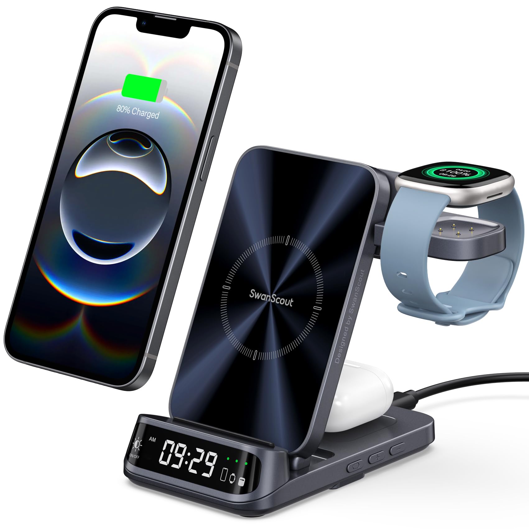 3-in-1 Caricatore Wireless per Fitbit Versa 4/3/Sense 2/1/Pixel Watch 3/2 (Non per Pixel Watch 4/1), Stazione Ricarica per iPhone 17/16/15, per Samsung S25/S24, per Google Pixel, Nessun Adattatore