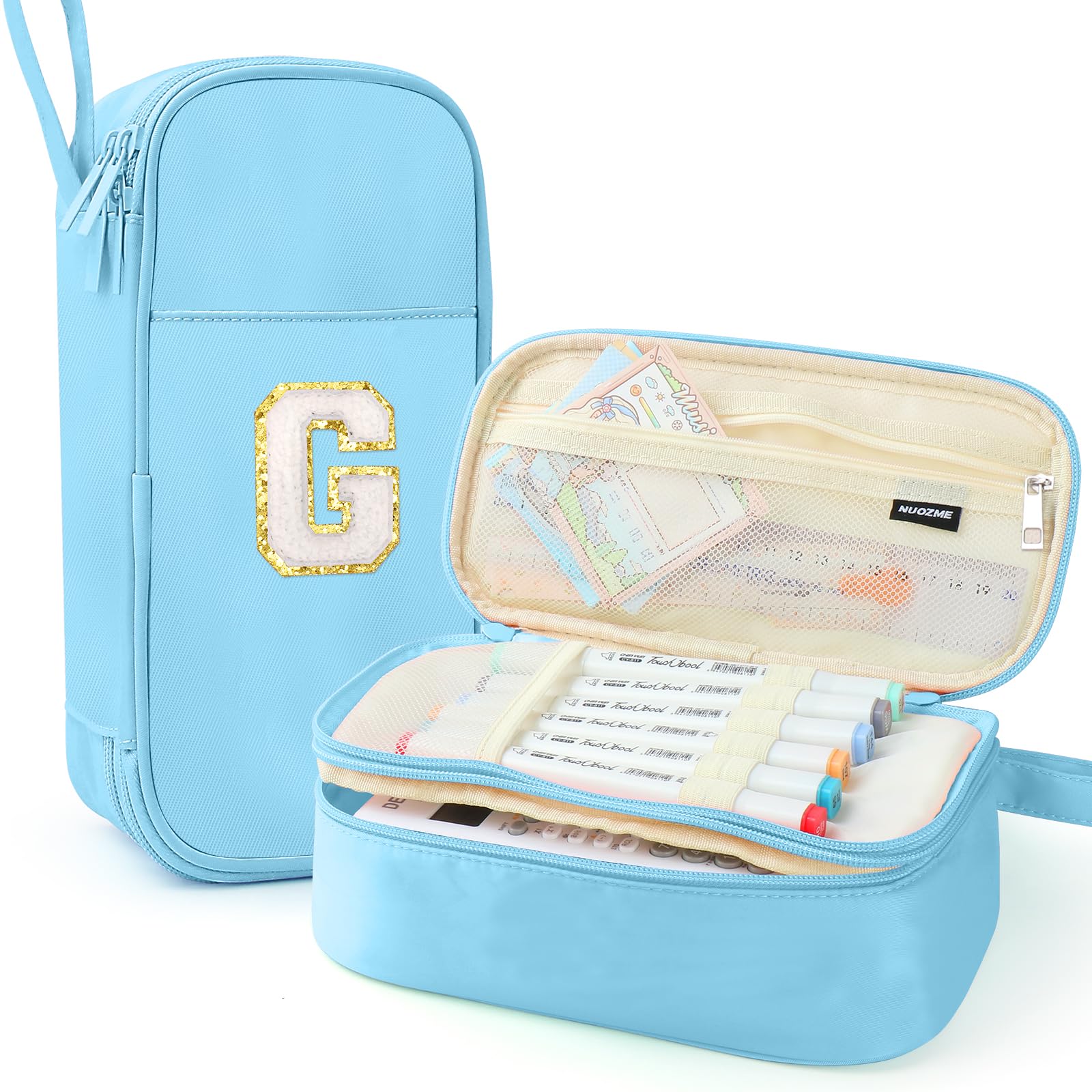 Nuozme Pencil Case Large Capacity Personalised Initial with Smooth Zipper Multiple Pockets Cute Makeup Bag Stationery for Teen Girls, Blue, G, Cute and Stylish