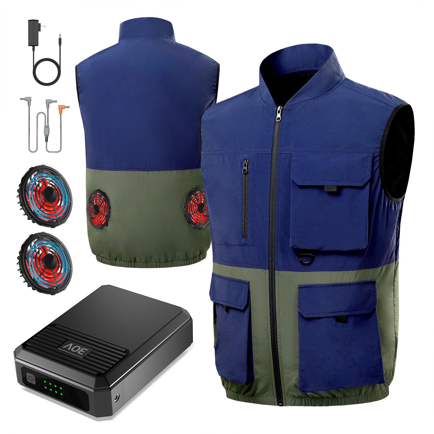 [AGGOZ] 【2026年最強 30V超高出力】 空調作業服 バッテリーセット 40000mAh大容量 168L/s暴風 ファン付きベスト 4.5H急速充電 4段階調節 業界軽量310gバッテリー UVカット 撥水 建設/農作業/キャンプ 熱中症対策 (JP, アルファベット, L, 青と緑)
