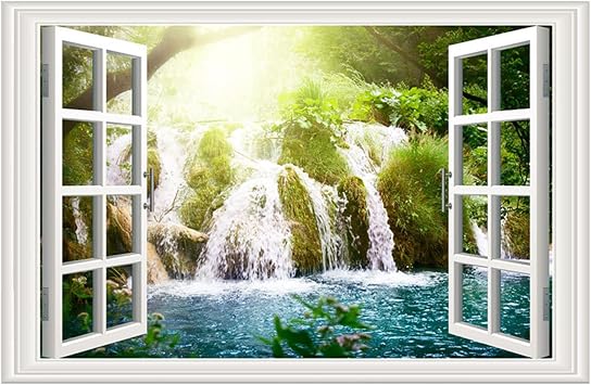 Waterfall Fake Window Sticker Window Poster 3D Sticker Wallpaper Sticker Landscape Sticker Removable Waterproof Ocean Beach Palm Tree Wall Decor Nature Landscape Wall Decor Picture Wallpaper Poster 43.5*70cm A