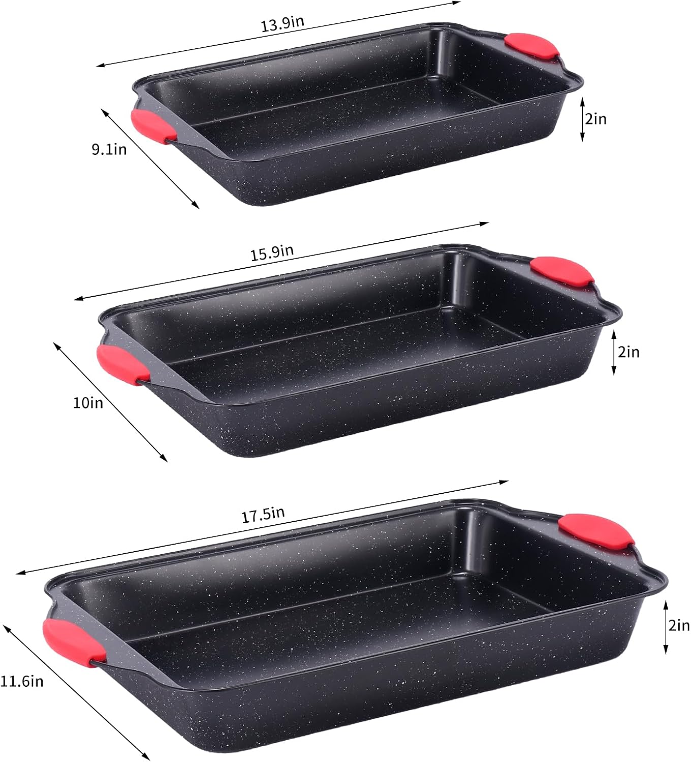 Anveena 3-Piece Nonstick Kitchen Oven Baking Pans - Premium & Stylish Non-Stick Steel, Commercial Grade Restaurant Quality Metal Bakeware with Red Silicone Handles - Easy to Clean black