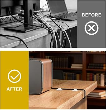 50 Pcs Under Desk Cable Management Kit, Self-Adhesive with Adjustable Nylon Buckles, Reusable Cable Organisers for No Drill Wire Management of PC TV Router Office (White)