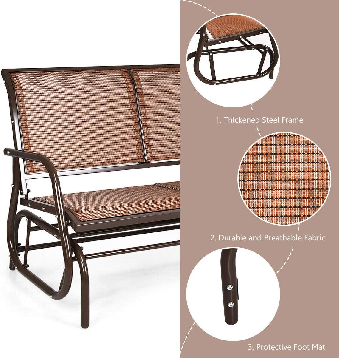 Home Garden Outdoor Living Patio Furniture Decor 48 Inches Swing Glider Brown Rocking Bench Backyard Lounge Loveseat Chair Curved Backrest Armrest Comfortable Seat Sturdy Steel Frame Durable Fabric
