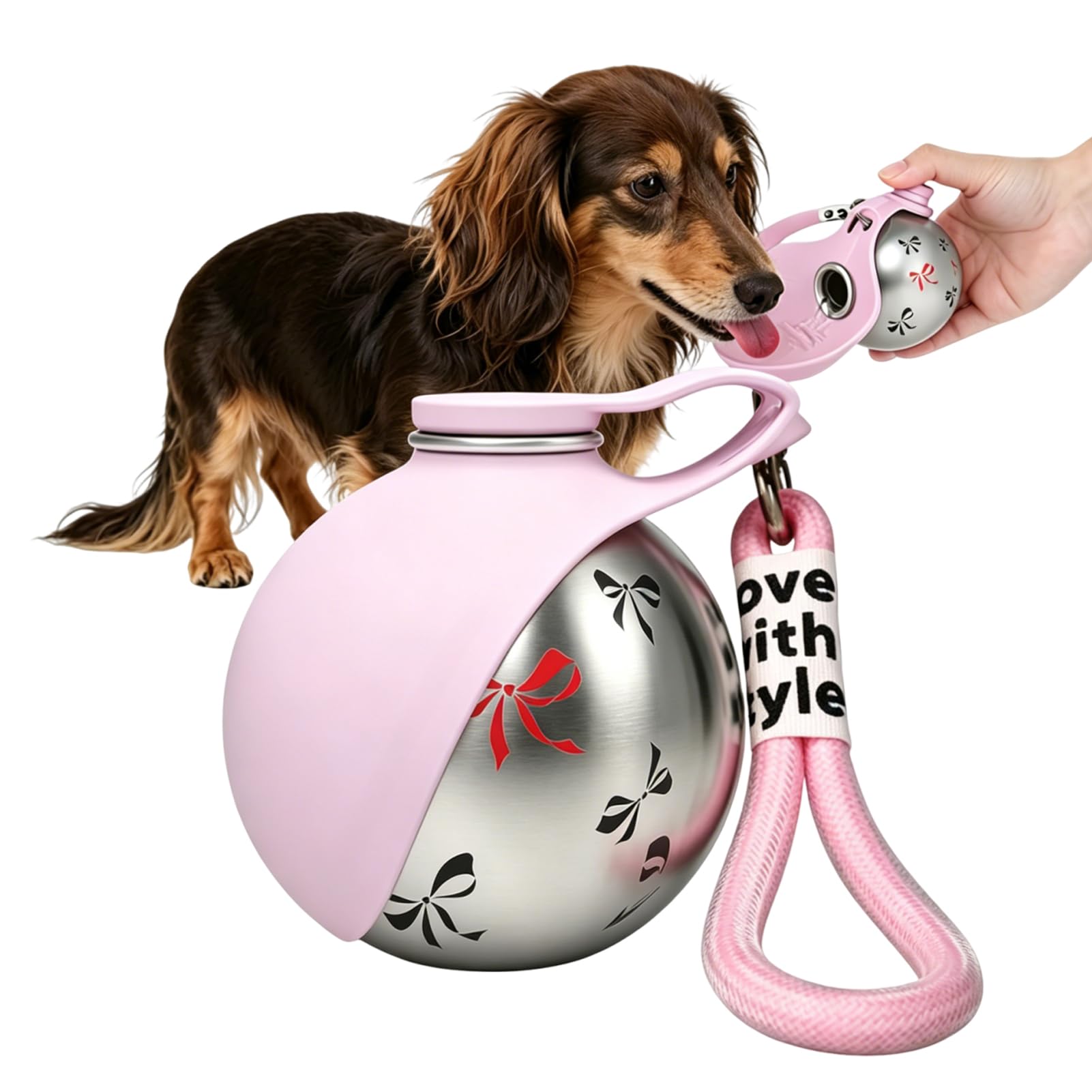 Portable Dog Water Bottle for Walking, 285ML 2 in 1 Stainless Steel Dog Drinking Bottles with Foldable Silicone Bowl, Leak Proof Pet Water Bottle for Dogs & Puppies, Hiking & Travel (Pink B)