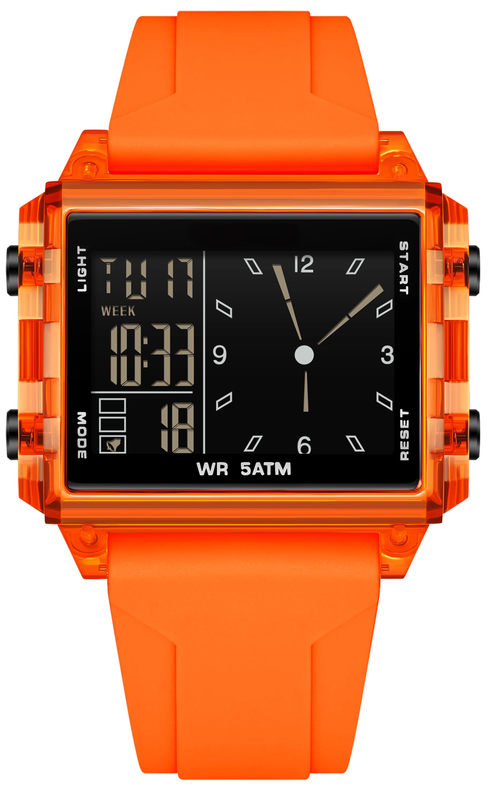 findtime Relojes digitales para hombres y mujeres, impermeable, único, rectangular, cronómetro, alarma de cuenta regresiva, correa de silicona analógica, funda transparente