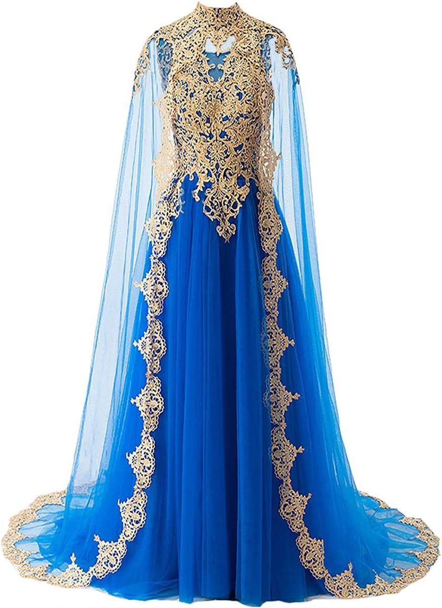 Womens Gold Lace Mermaid Prom Gown Satin Wedding Dress With Tulle Cloak