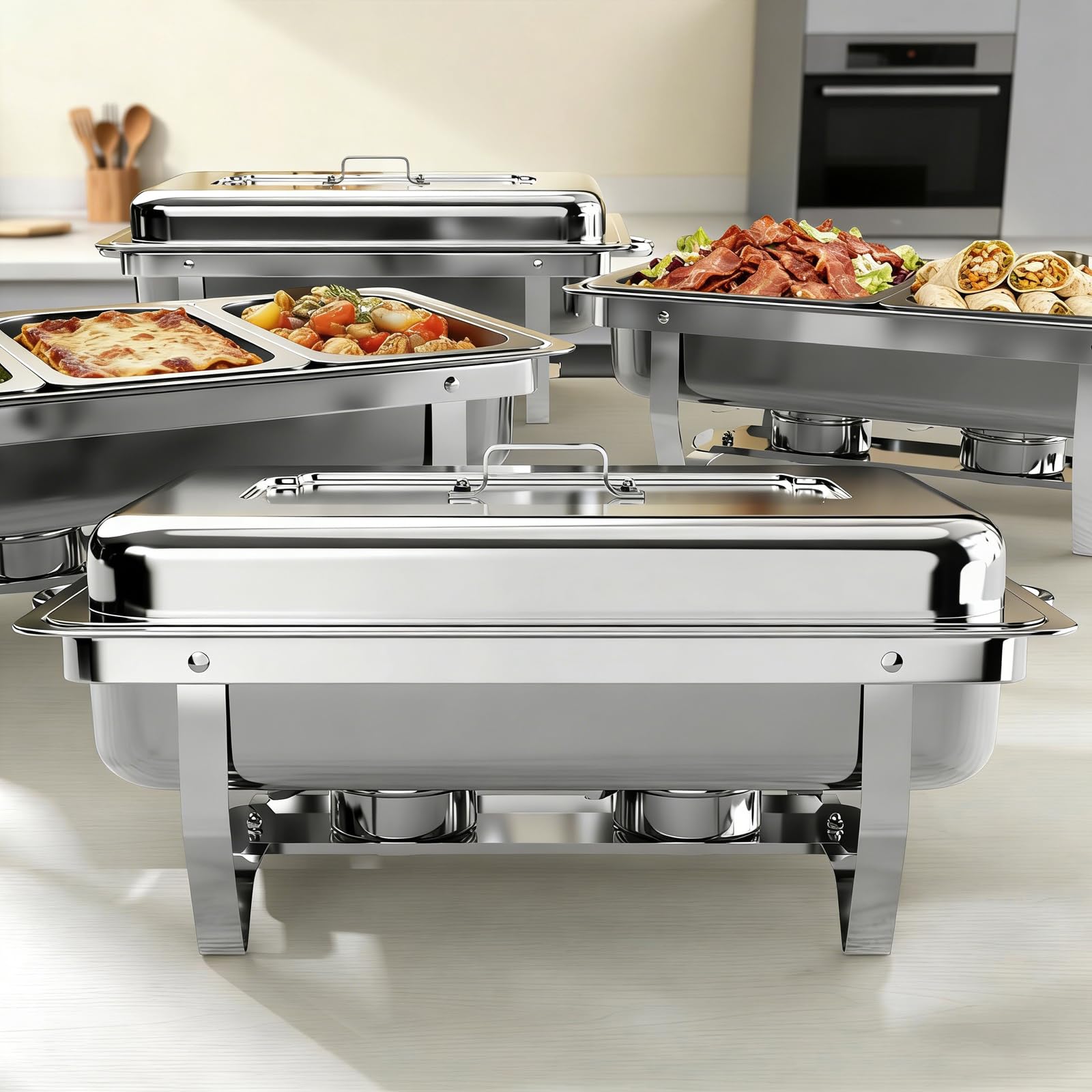 Chafing Dishes for Buffet 9Qt 4 Pack [Multi-Size Food Pans] Stainless Steel Chafing Dishes [Sturdy and Durable] Chafing Dish Buffet Set for Weddings & Parties & Festival, Silver
