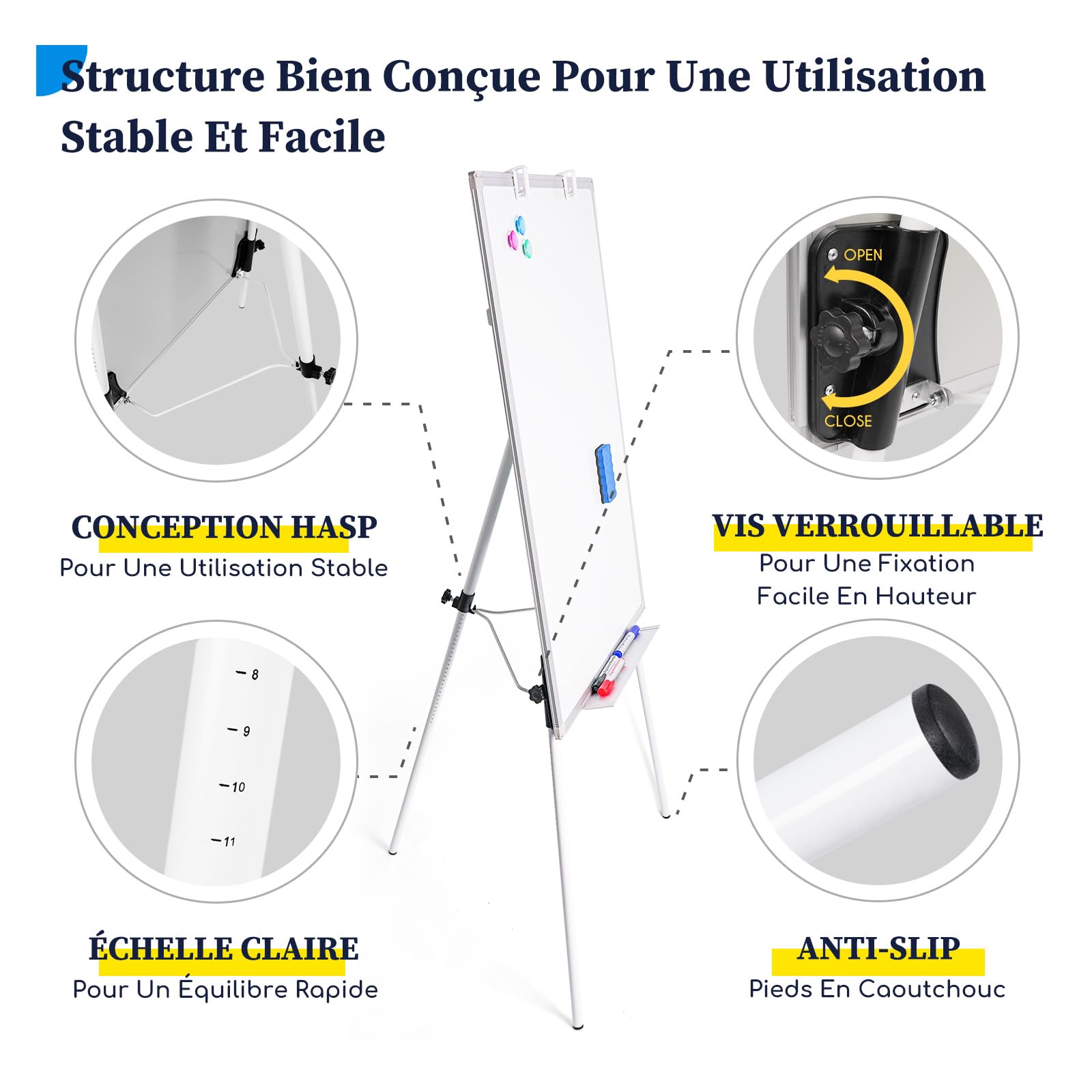 maxtek Tableau Blanc Effacable sur Pied, 90x60 cm Tableau Magnétique de Chevalet, Hauteur Réglable avec Support, Whiteboard Cadre en Aluminium, Mobile Paperboard Pliable de Tableau de ConféRence
