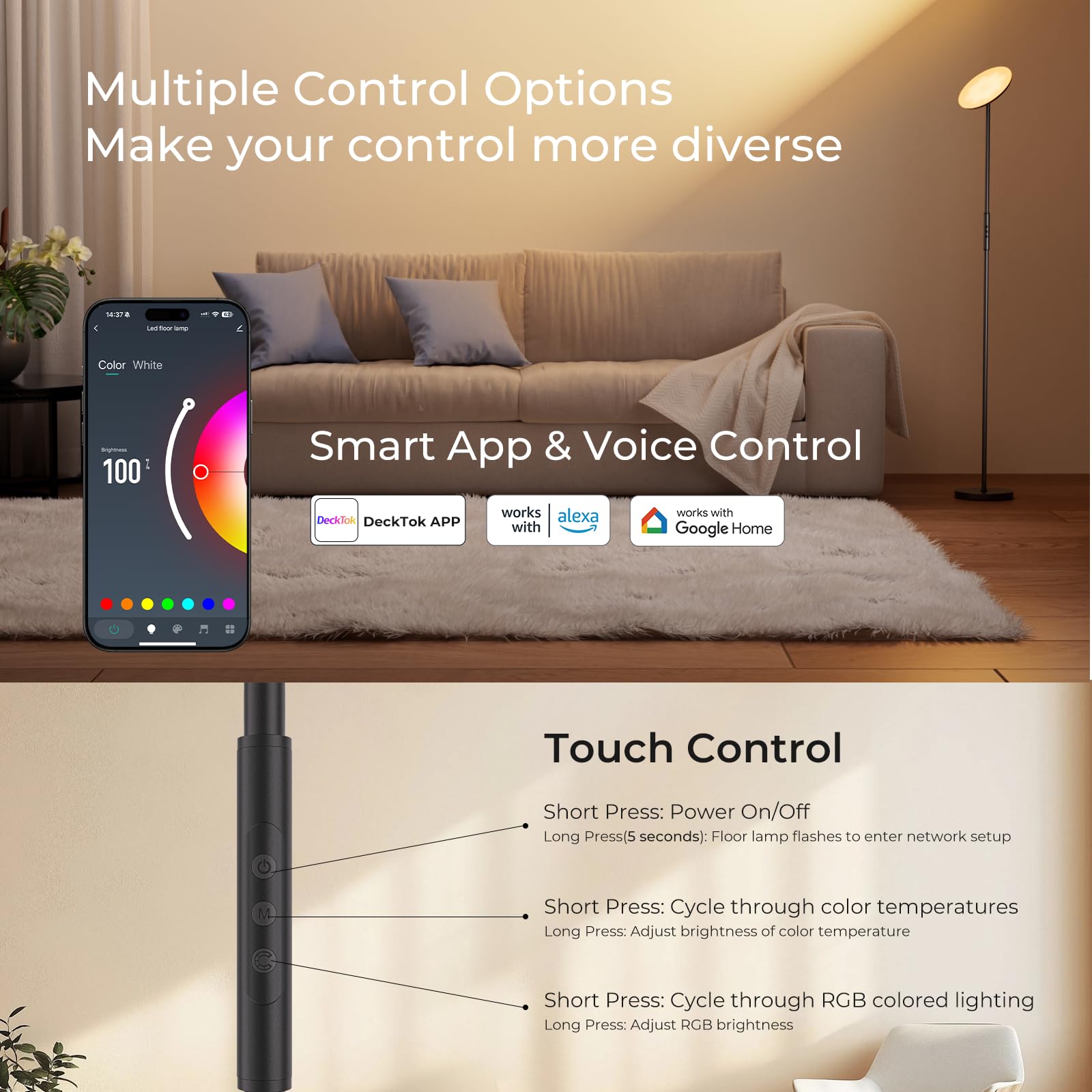 Condition photo showing New/Like New for floor lamp, 2800lm rgbww smart standing lamps for living room with smart app & voice control, 69.3in torchiere floor lamps color changing, 350°rotating led tall lamp for bedroom office gaming party