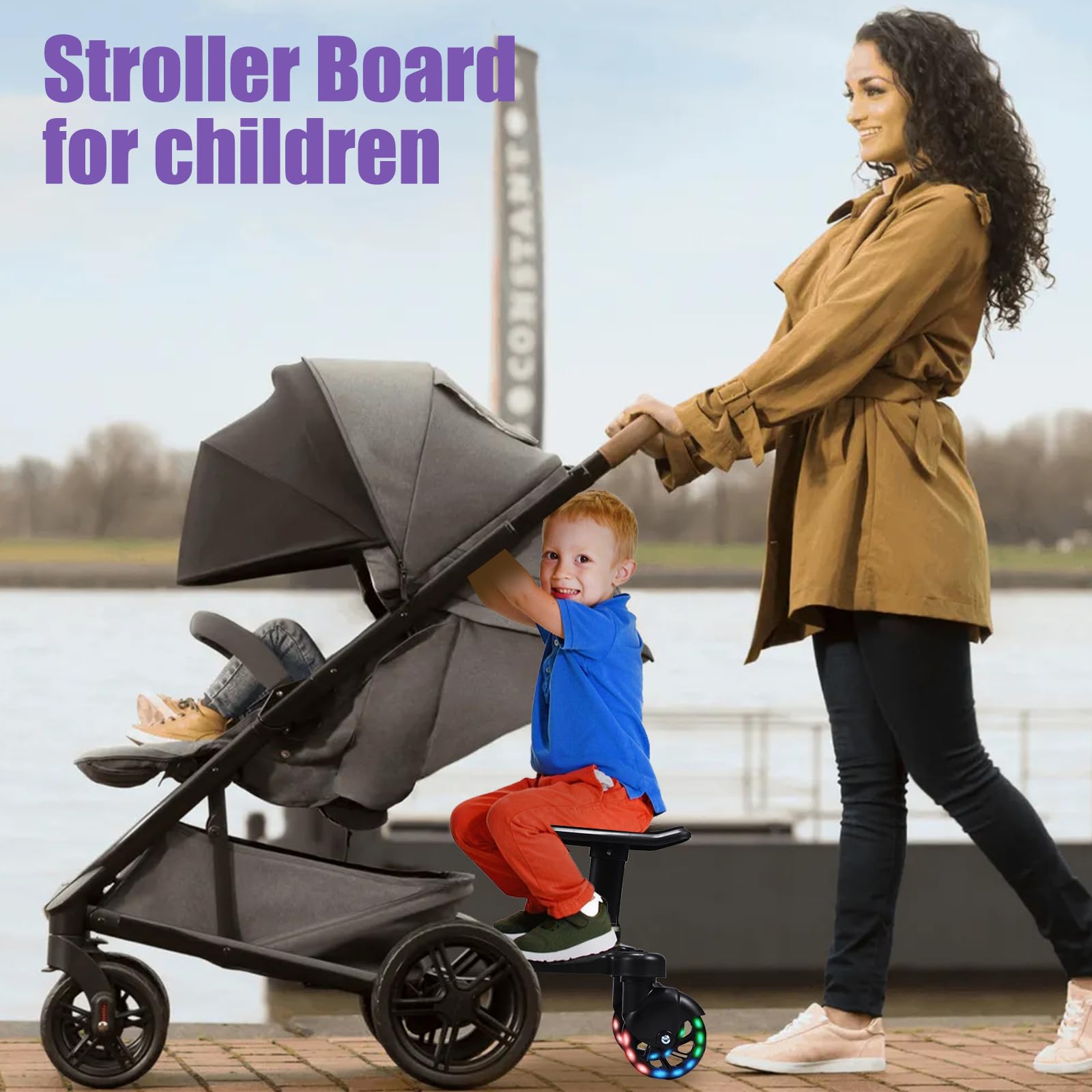 Planche Poussette avec Roues Flash, Marche Pied Universelle avec Siège pour Enfants de 2 à 6 Ans (25KG)
