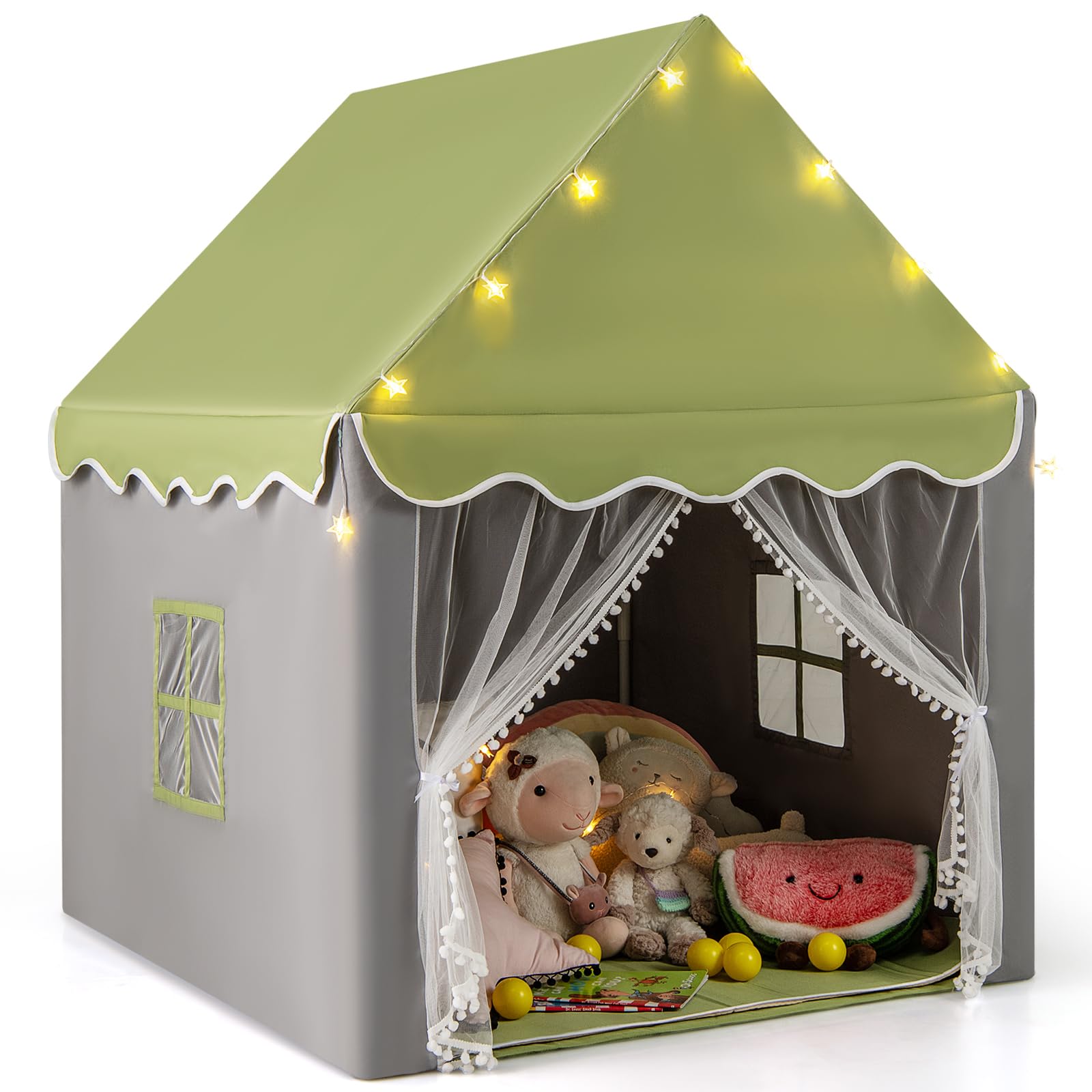 GYMAX Kids Tent, Fairy Play Castle with Washable Mat, Star Lights & Windows, Outdoor Indoor Children Playhouse Tents for Girls Boys Gift (Green)