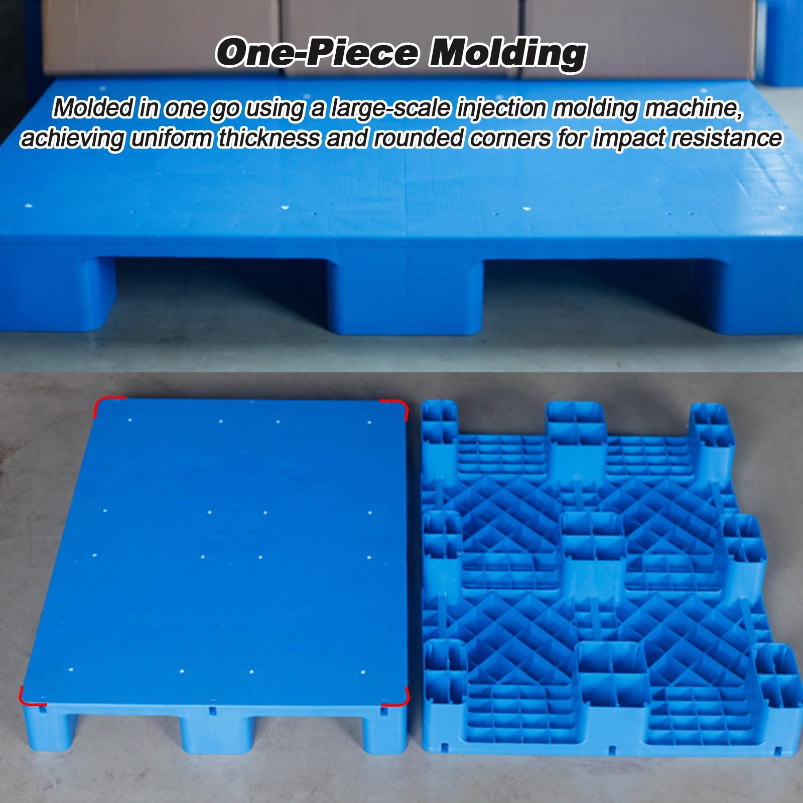 Pallet in plastica HDPE per impieghi gravosi con tubo interno in acciaio 799,7 kg, carico statico 399,2 kg, carico dinamico, ideale per magazzini e cantine, compatibile con carrelli elevatori (modelli