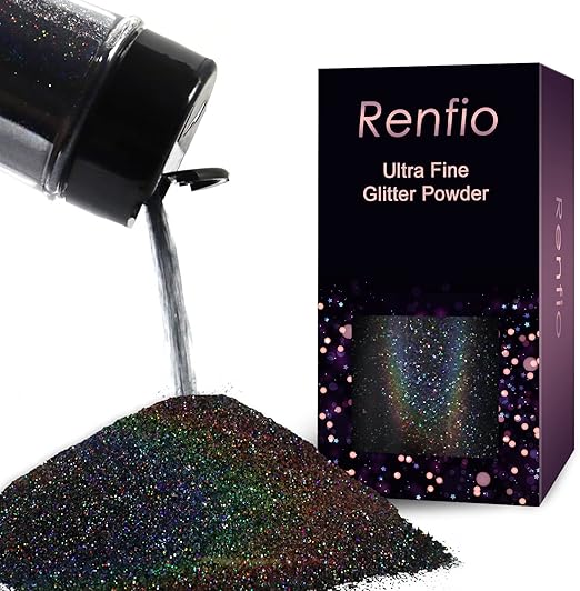 Renfio Holographic Ultra Fine Glitter Powder Metallic Resin Glitter 2.11 Oz (60g) PET Flakes Crafts Sequins 1/128" 0.008" 0.2mm Epoxy Chips Flakes for Tumblers Slime Olympic Decorations - Laser Black