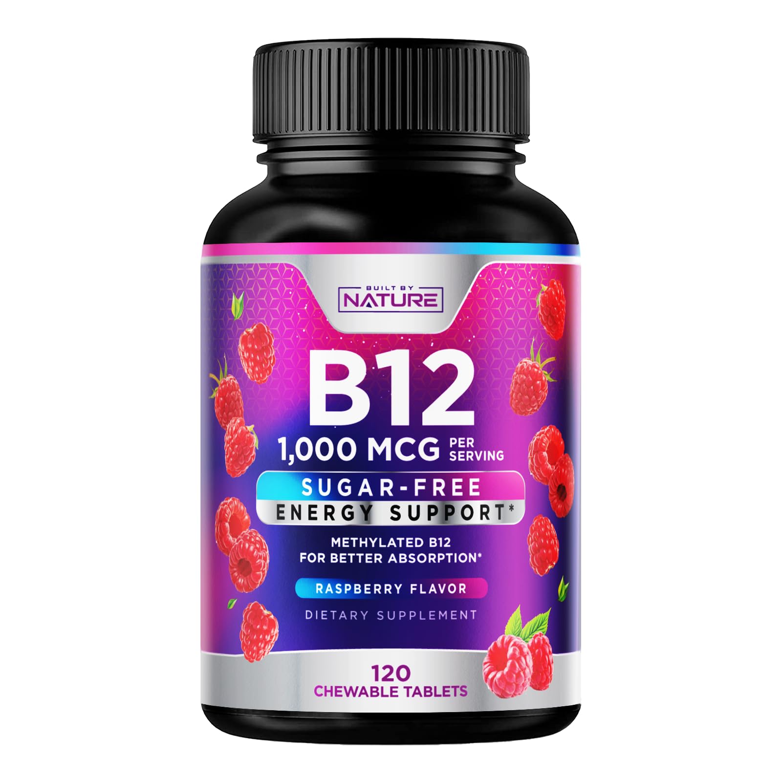 Built by Nature Vitamin B12 1000 mcg Methylcobalamin, Berry Flavor Fast Dissolve Sublingual Tablets, Energy & Nervous System Support, 120 Chewable Tablets, 4 Month Supply