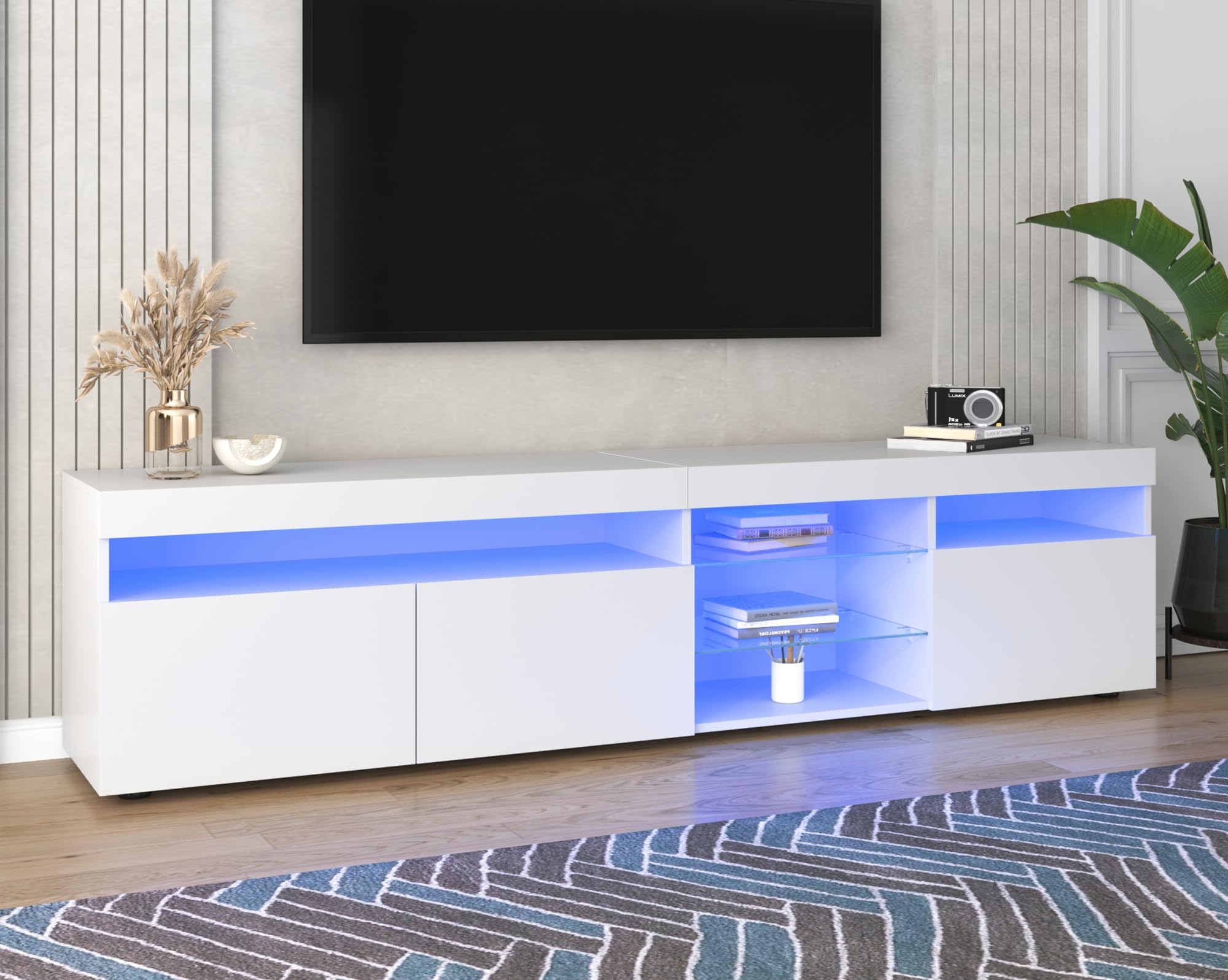 Moimhear Mobile TV moderno, pannello luminoso, illuminazione a LED variabile, soggiorno e sala da pranzo, 180 cm (bianco)