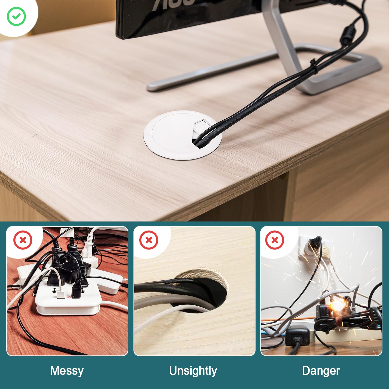 Kigniote 8 Piezas Pasacables Escritorio con Sierra Perforadora, Pasacables Mesa para Computadora, Cubierta de Agujero de Alambre, Organizador de Cables Redondo para el Hogar y la Oficina (Blanco)