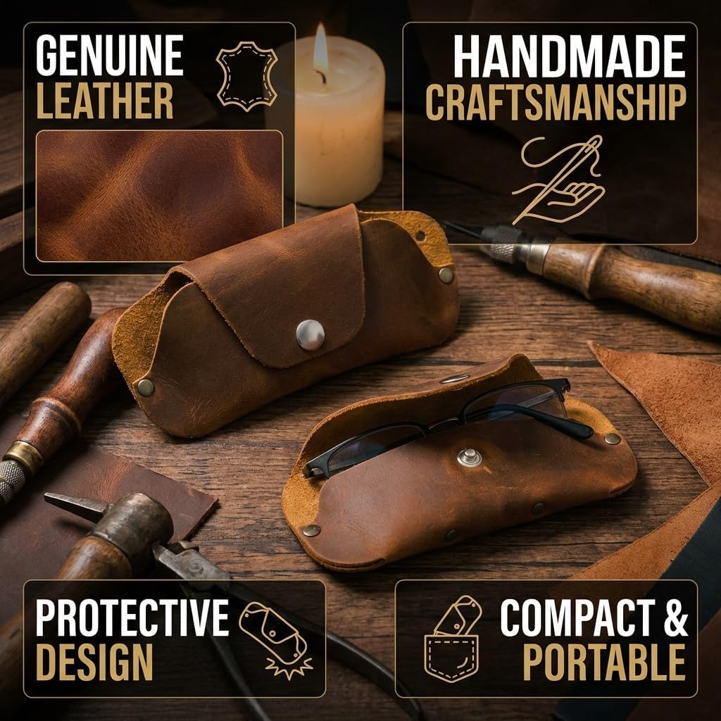 Toprank Leather Eyeglass Case - Handmade Slim Sunglasses Holder, Genuine and Universal Fit for Men and Women