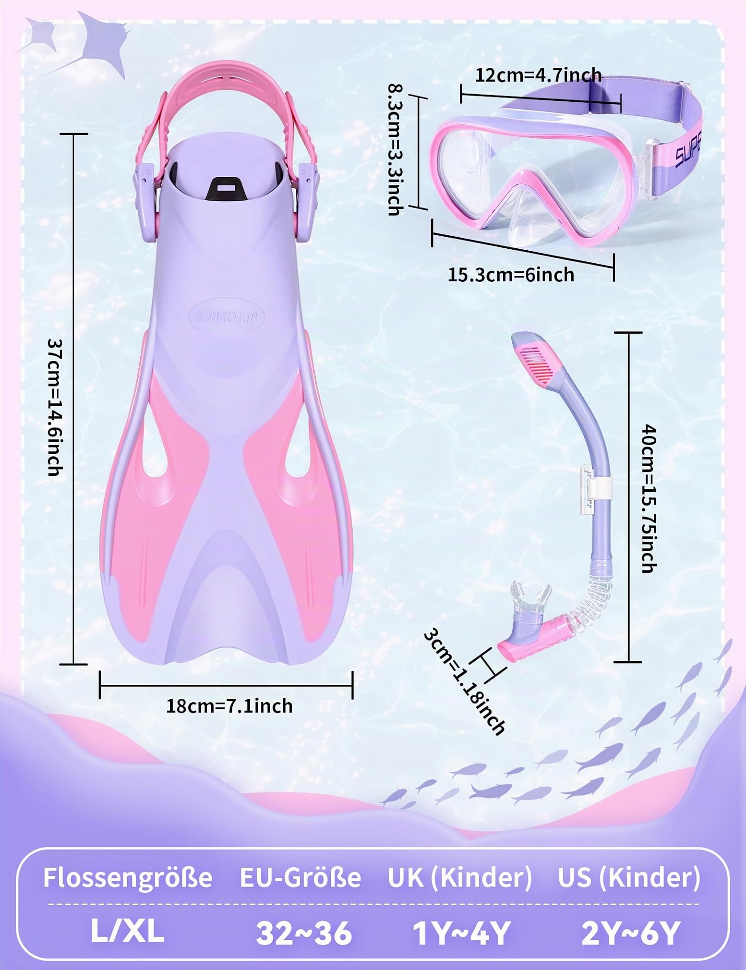 Supertrip Schnorchelset Kinder mit Flossen 6-14 Jahren | 4 in 1 Schnorchelset 180° Panorama HD Taucherbrille Kinder, Verstellbare Schwimmflossen und Premium Dry Schnorchel