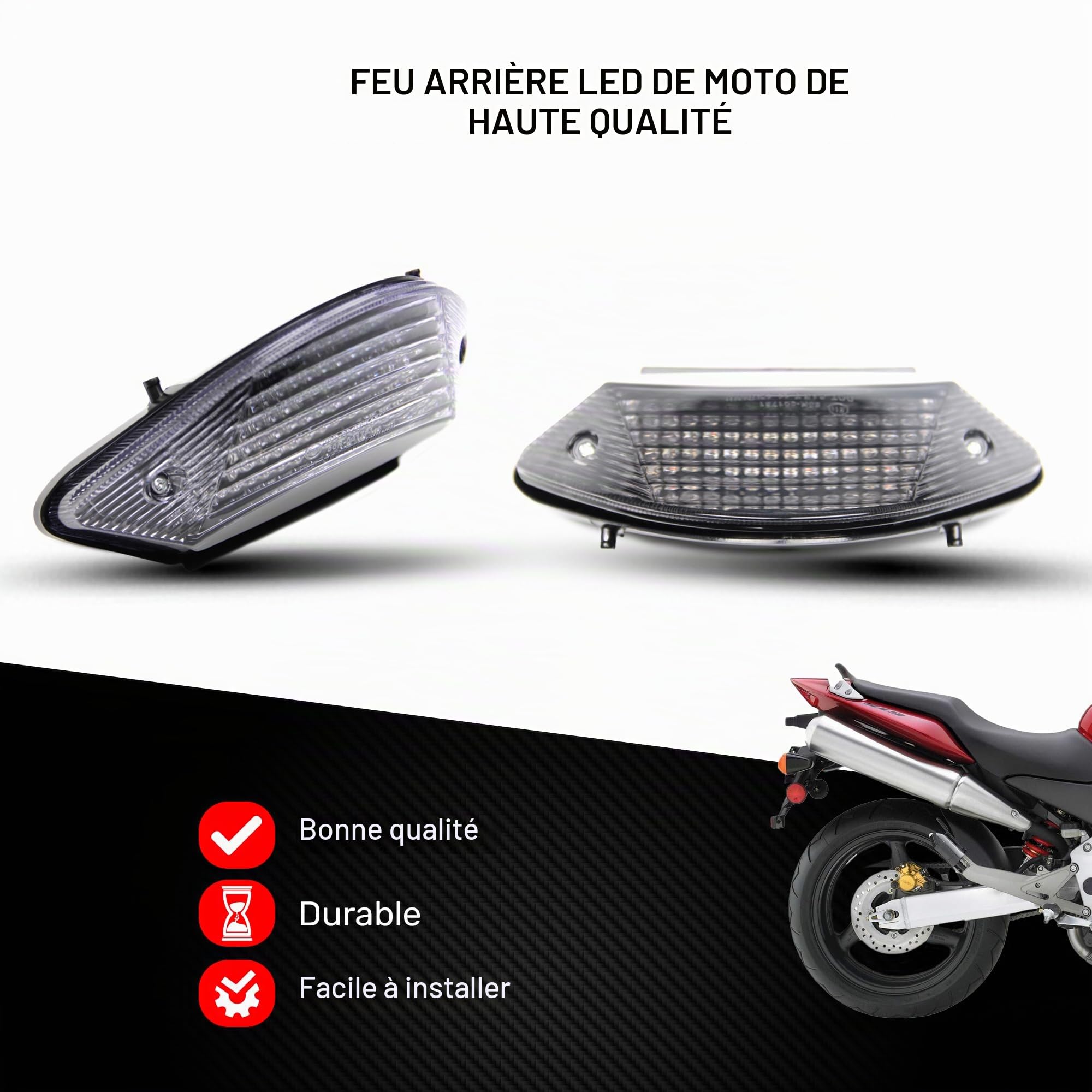 AVDB-moto Feu Stop Led Clignotants Intégrés compatible avec HORNET 600, CB600 F 2003-2006 & Hornet 900, CB919 2002-2006 (Clair)
