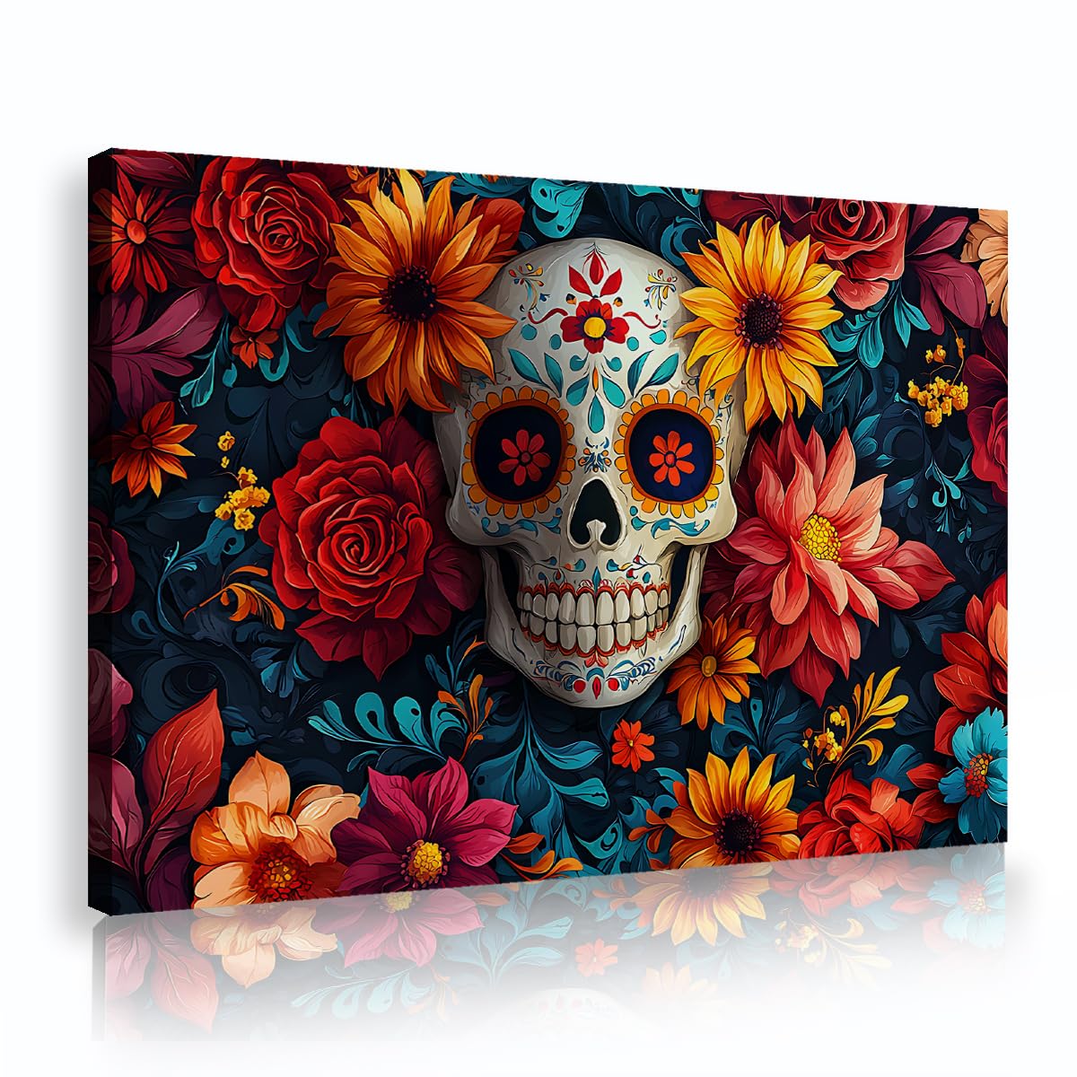 SHENGPOSTER Mexican Skull Canvas Prints Wall Art Vibrant Sunflowers Red Roses Floral Wall Decor for Bedroom Hallway Vintage Boho Skeleton wall pictures Innerframe 60x90cm