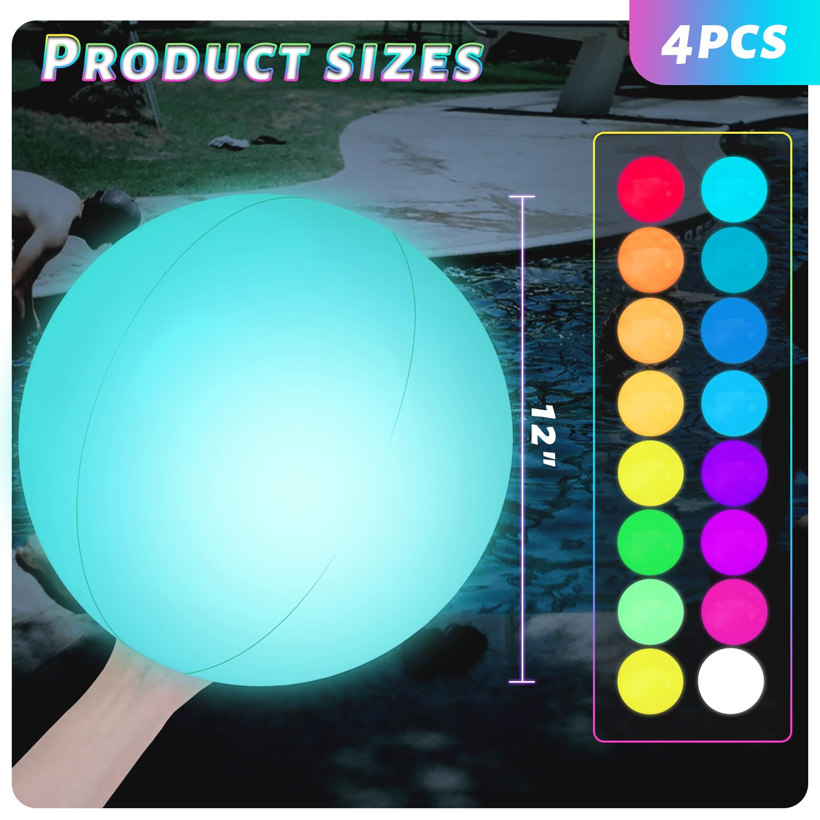 4 bolas de playa iluminadas, bolas de piscina brillantes de 12 pulgadas con control remoto LED para fiestas de verano, decoración de piscina 2