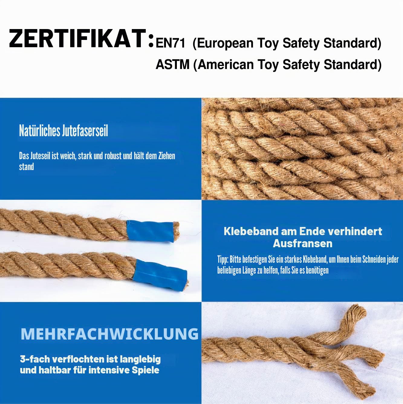 Tauziehseil mit Flagge für Kinder und Erwachsene, weiche natürliche Jutefaser-Seil für Feldtag, Teambau, Party, Spiel, Camping, Hinterhof, Outdoor-Spiele, 6 m lang, Braun