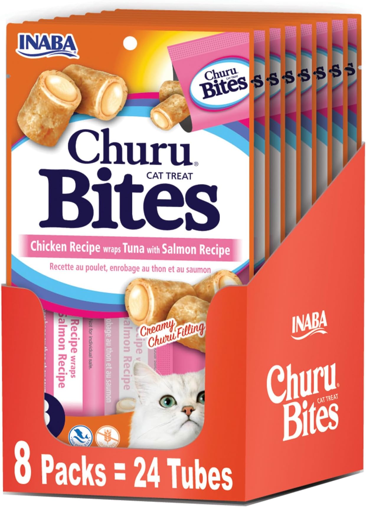 Churu Bites for Cats, Soft Baked Chicken Churu Filled Cat Treats with Vitamin E, 0.35 Ounces Each Tube, 24 Tubes Total (3 per Pack), Tuna with Salmon Recipe