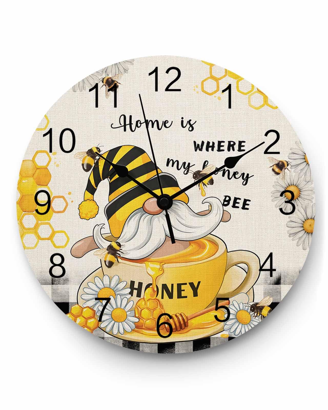 Ensound Wall Clock Honey Bee Gnome Clocks Wooden Silent Non-Ticking Battery Operated Decorative Black Buffalo Plaid Daisy Round Clock for Home Living Room Kitchen Bedroom Office School 12 Inch