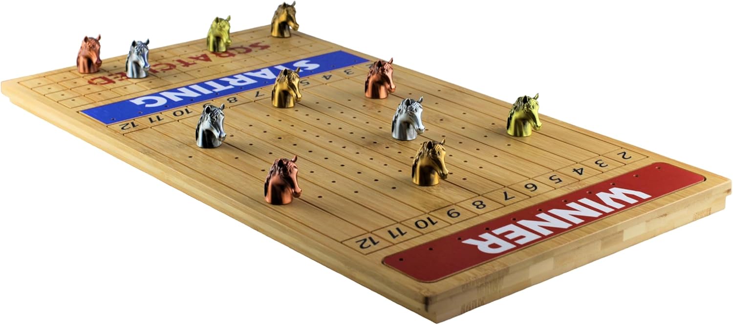 Metal Horse Race Board Game Set with Horse Racing Thick & Solid Wood Game Board(22”/Natrual),11 Luxurious with 4Antique(Gold,Silver,Red Cooper&Bronze) Metal Craft Horses, Dice&Cards (HR-F554)