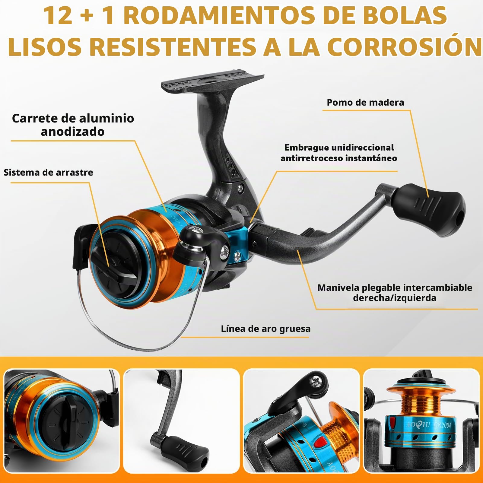 Ertisa Caña de pescar Spinning, 2,1 m de fibra de carbono, cañas de pescar telescópicas, set combinado caña de spinning y carrete de pesca cebo de pesca, kit de bolsa de transporte para mar y agua