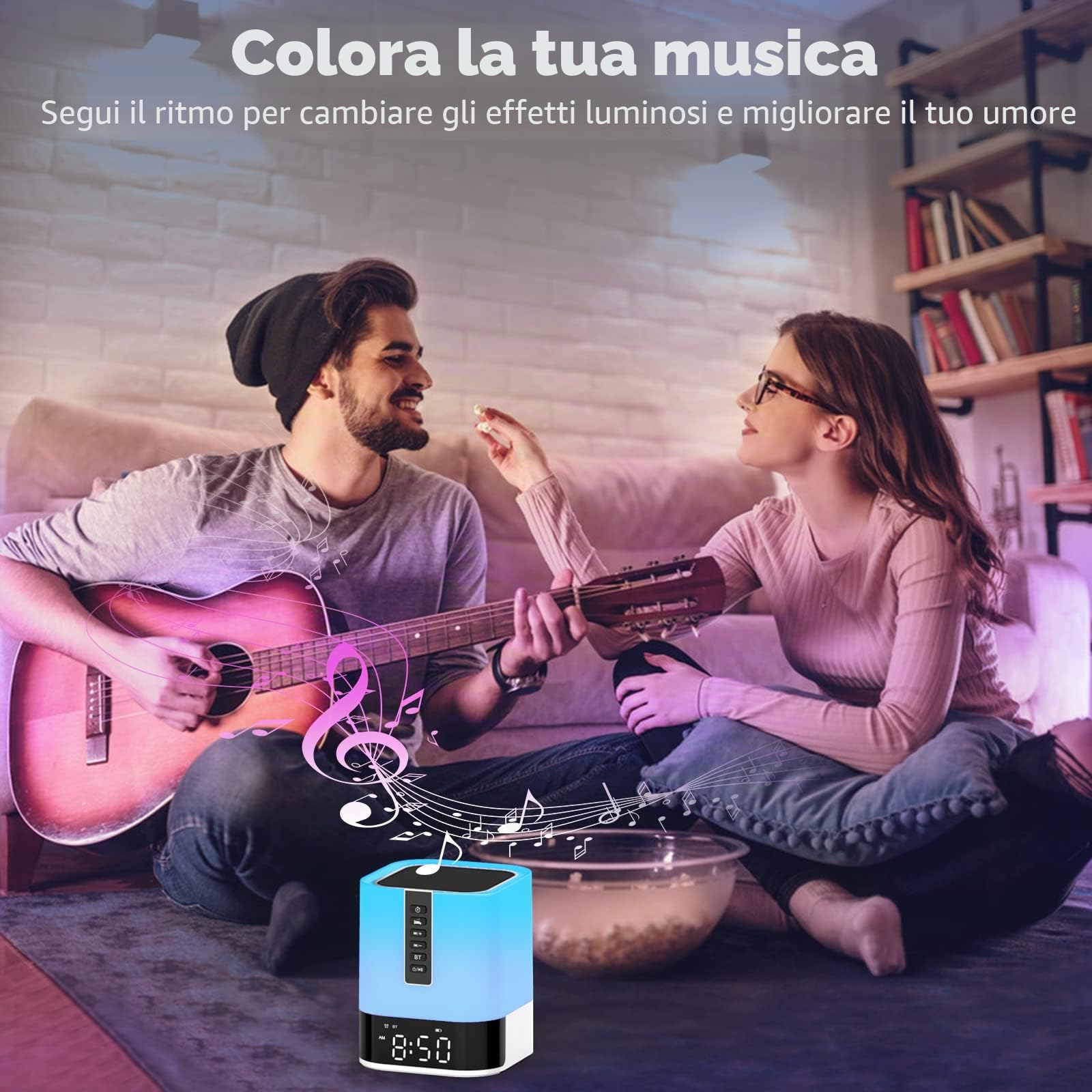 Altoparlante Bluetooth con luce notturna, sveglia digitale, lampada da comodino con sensore touch, macchina per il rumore bianco