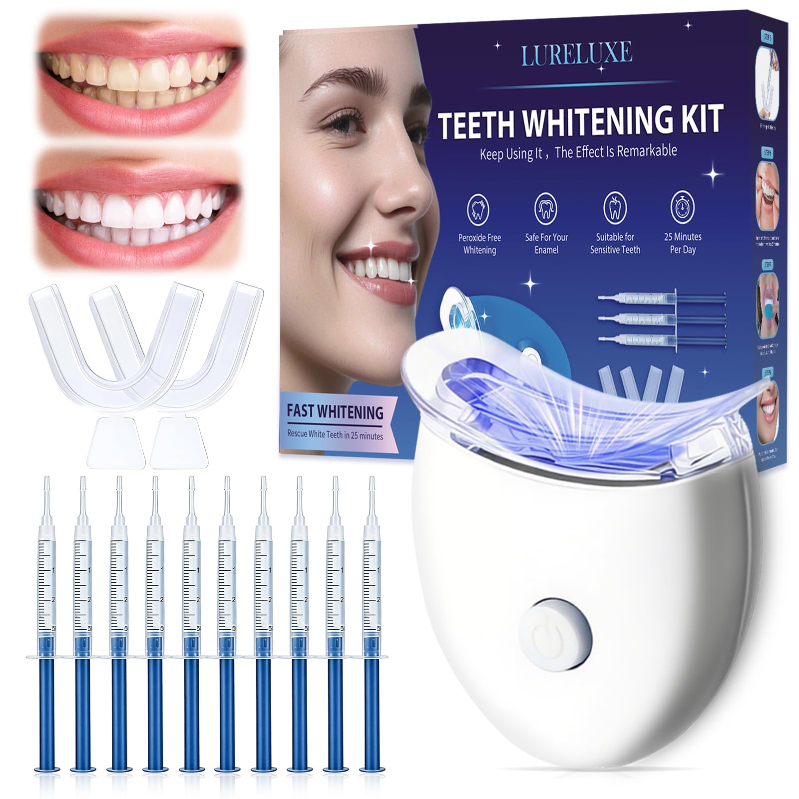 Kit Sbiancante Denti Professionale,10 pcs Gel sbiancante,Rapido sbiancamento dei denti a Casa,Efficace Ridurre Macchie Profonde per illuminare il sorriso,con applicazione semplice