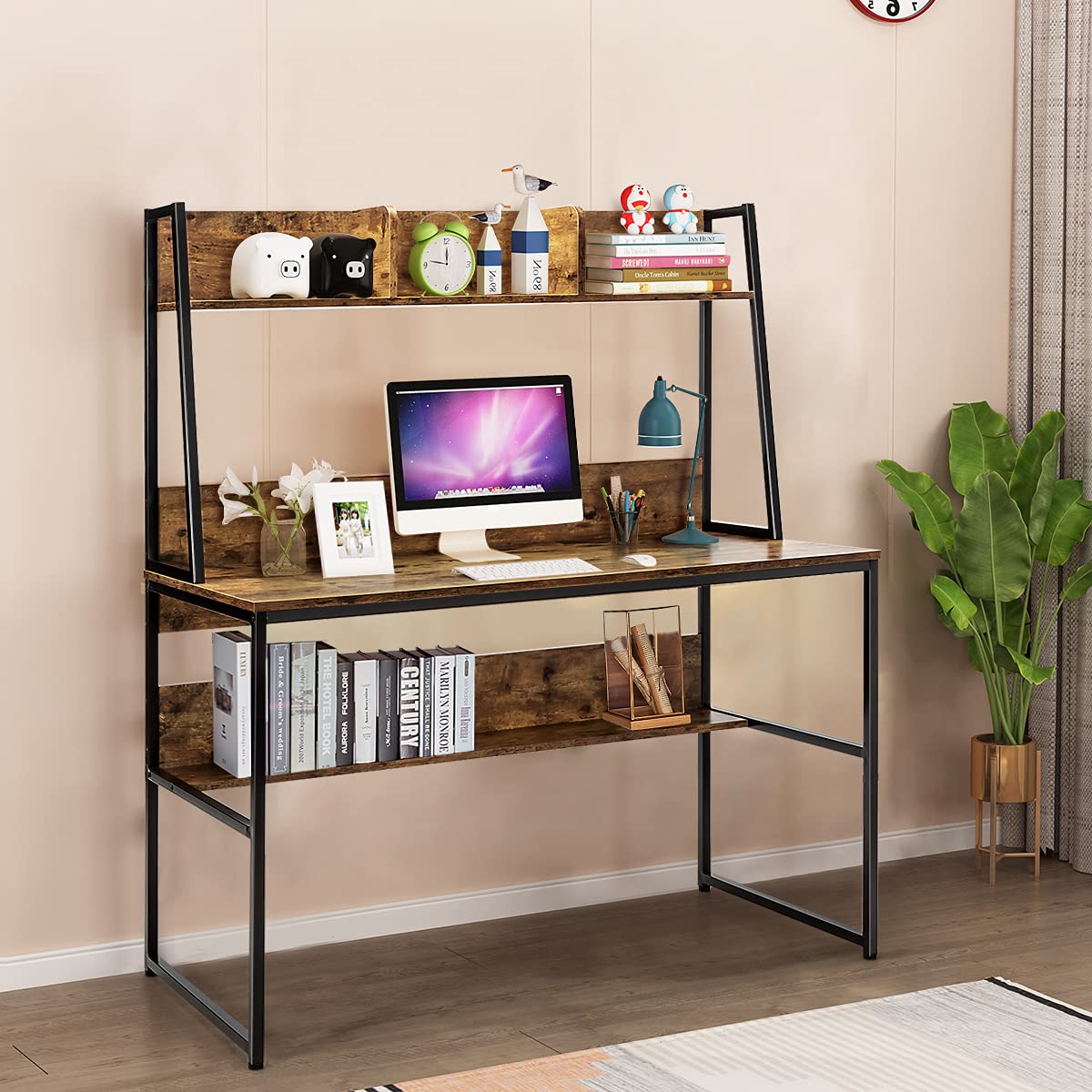 Giantex Escritorio para Ordenador, Mesa de Trabajo con Estantería y 3 Compartimentos, Superficie Amplia y Patas Ajustables, Ahorra Espacio, para Oficina, Estudio y Casa, 120 x 57 x 140 cm (Café)
