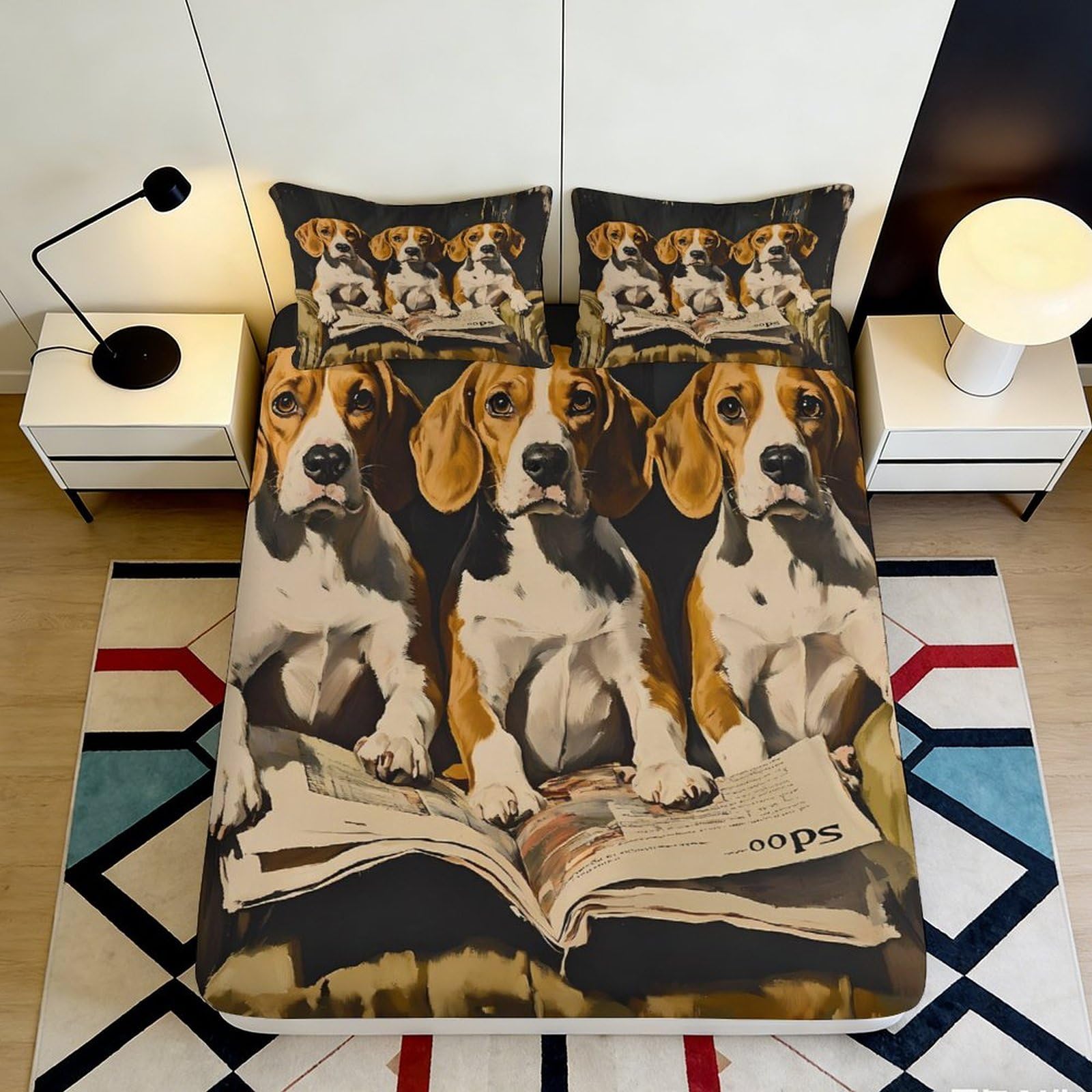 3D Printed Beagle Dog Reading Fitted Sheet Microfiber Soft Anti-Slip Bed Cover for Bedroom Guestroom Decor 90x200x25cm