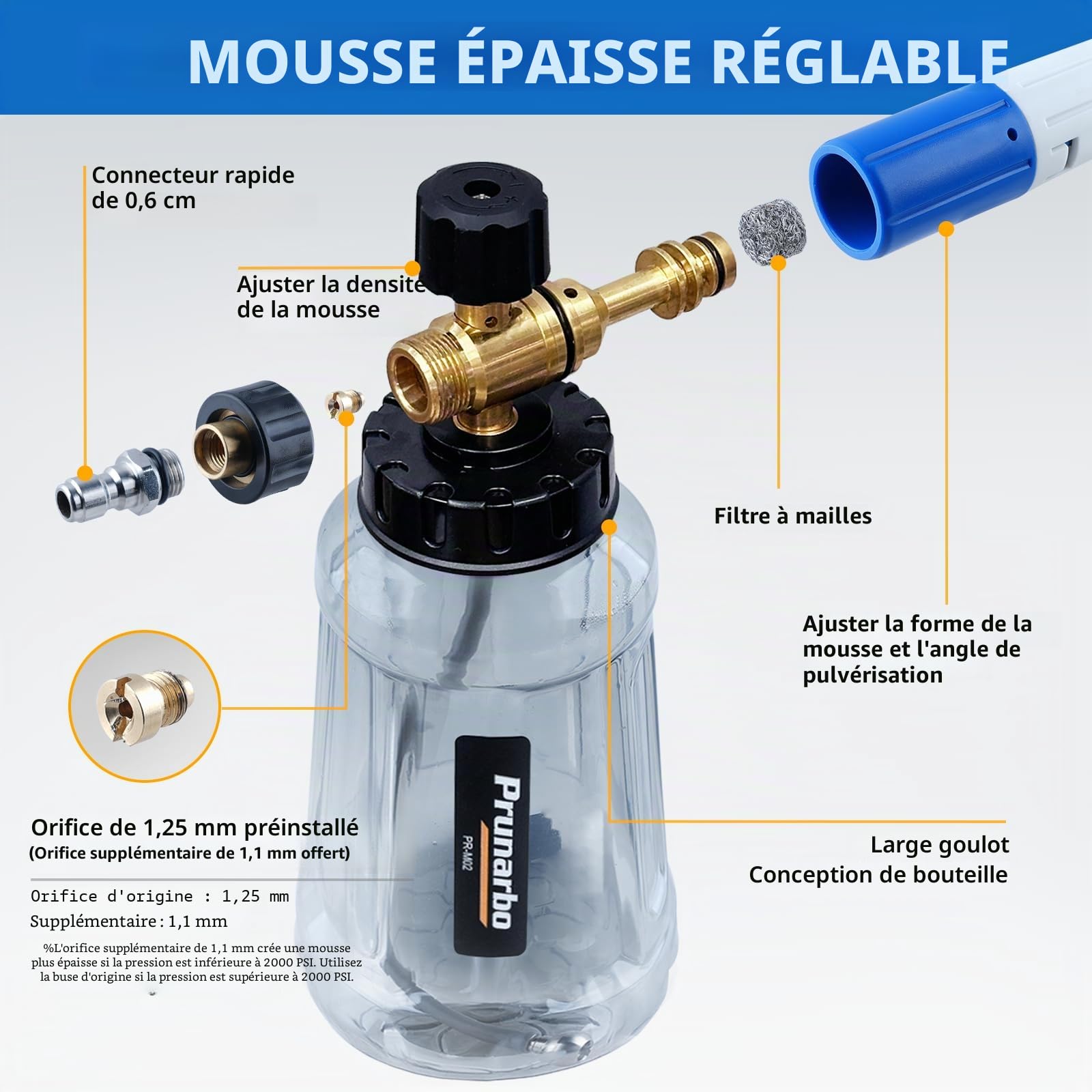 Kit Pistolet de Nettoyeur Haute Pression avec Canon à Mousse, 1/4" Raccord Rapide, 5 Embouts de buses, Adatateur compatible Nilfish/Bosch (PR-M02-NB-B)