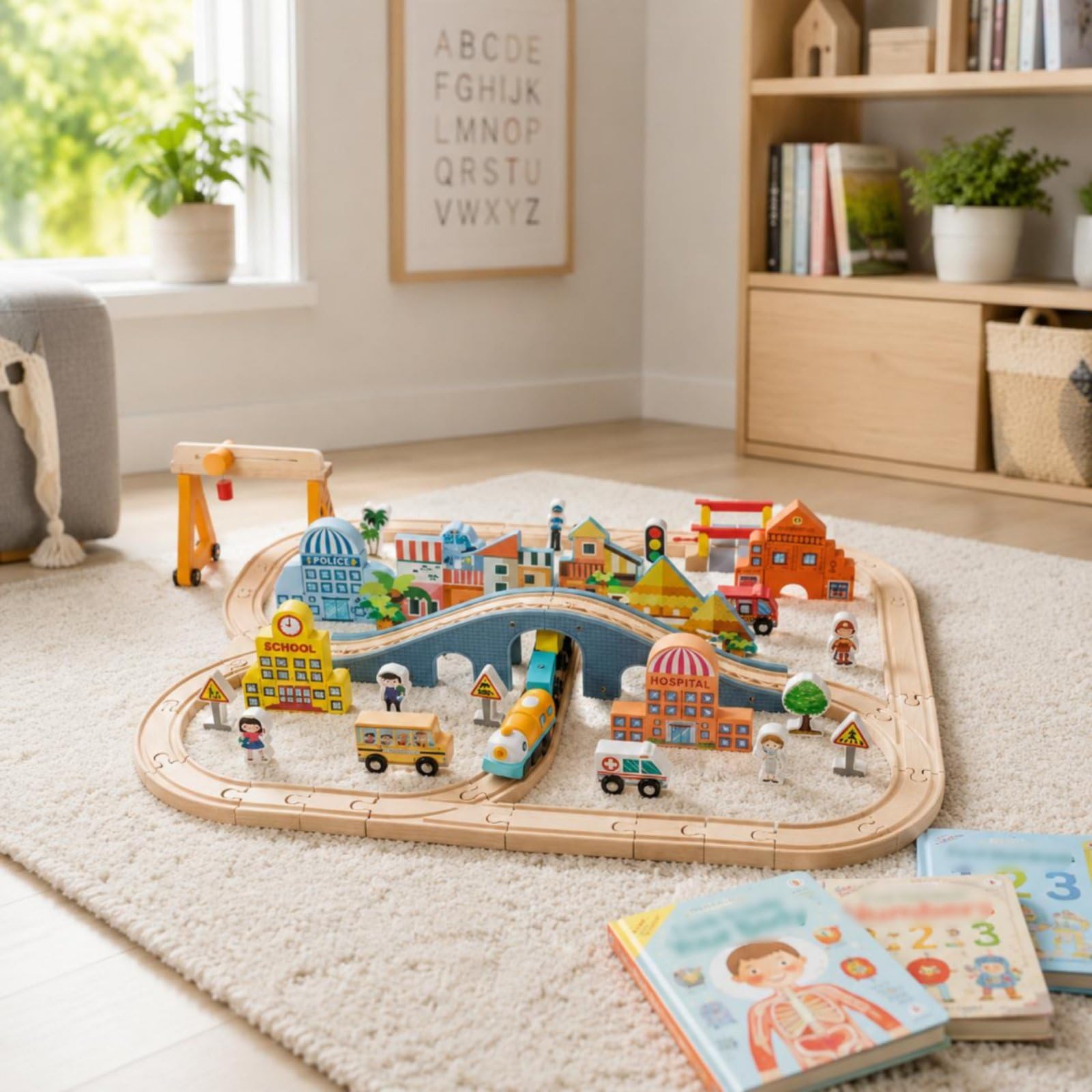 Colcolo Children Building Blocks Treno Giocattolo Binari Legno Città Modulabile con Ponti Segnali Stazione Edifici Figure Legno Resistente con Treno Elettrico