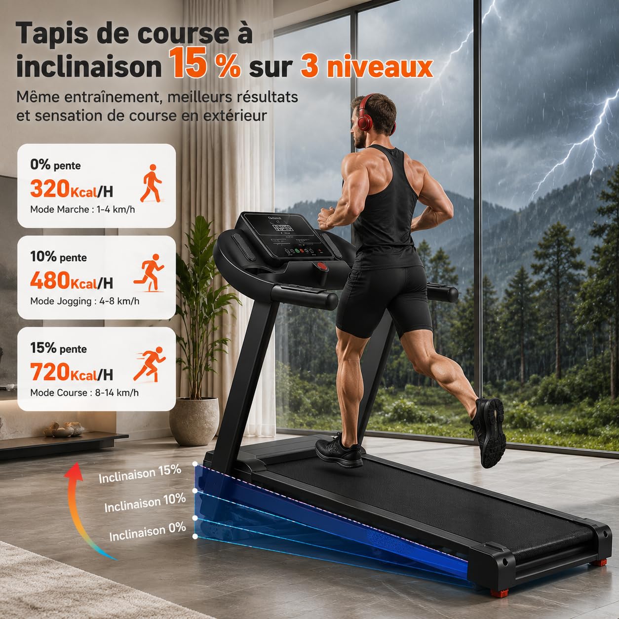 Cinta de correr plegable con inclinación al 15 %, motor sin escobillas de 3,0 HP, silencioso <45 dB, 12 + 3 programas inteligentes, amortiguación de 7 capas, sensores cardiovasculares, ahorra