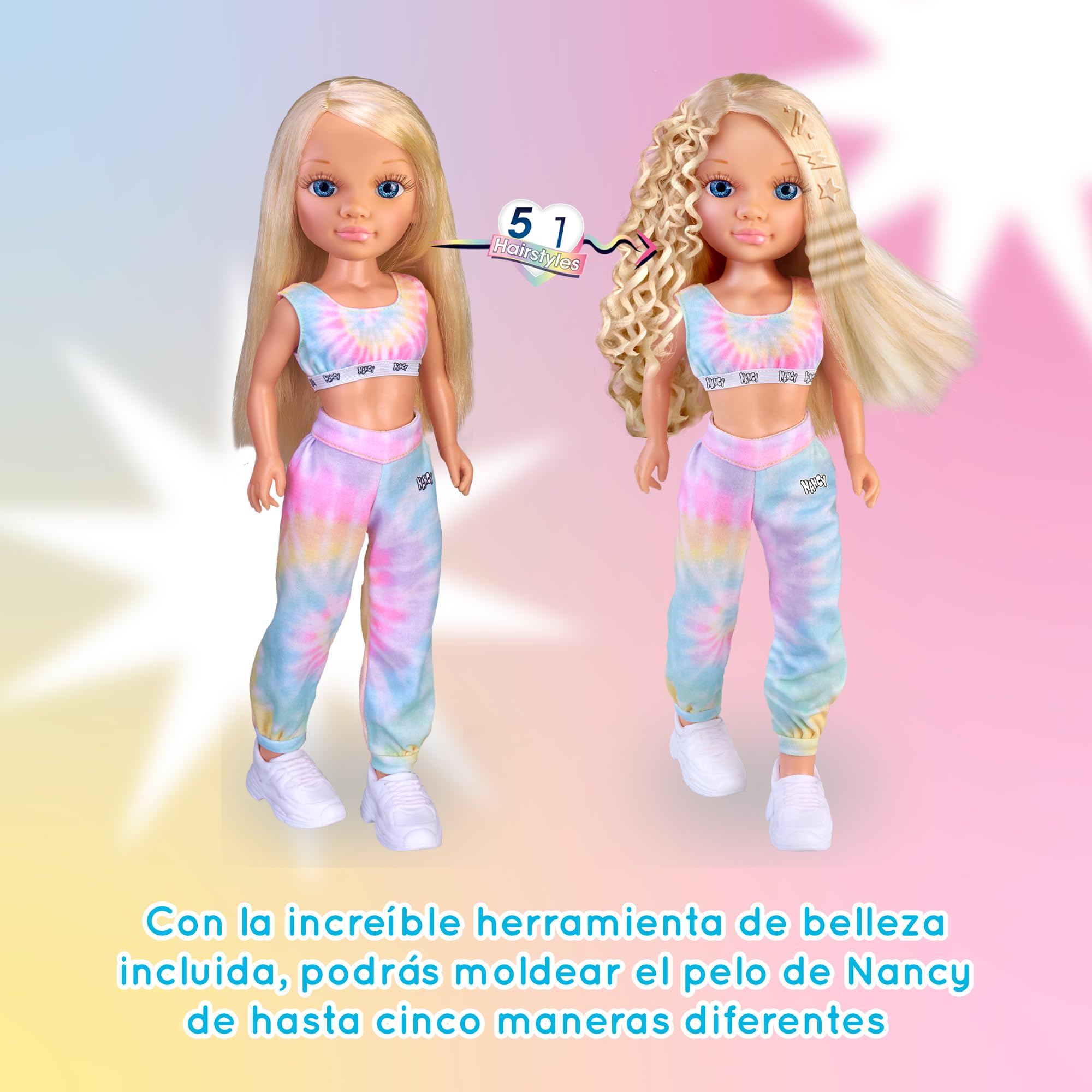 Nancy Air Styler, Muñeca con Herramienta de Belleza para Crear Peinados, Cinco Formas de Moldear el Pelo: Secar, Cepillar, Rizar, Alisar y Aplicar Formas, Cabello Flexible, +3 años, Famosa (NAC73000)