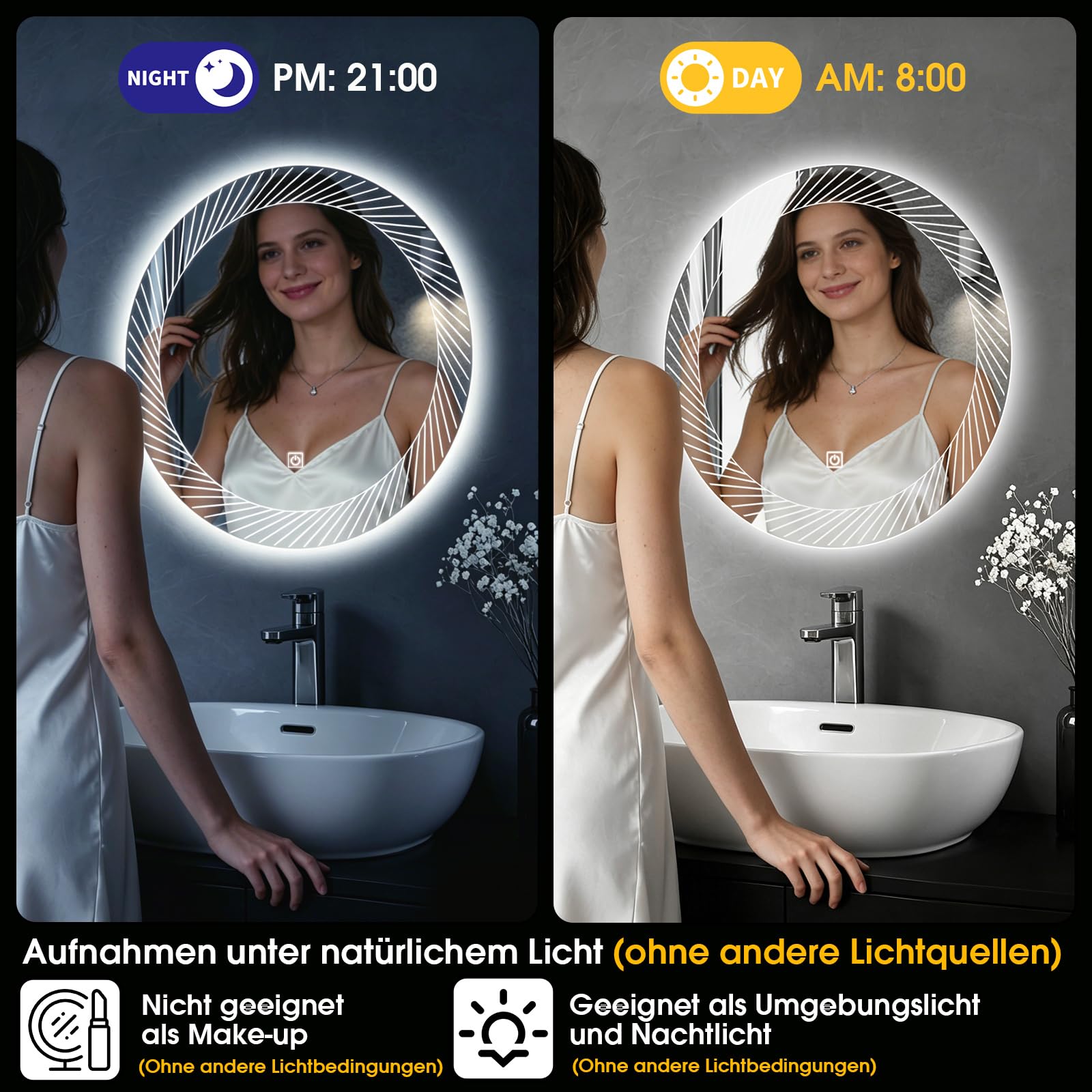 Rund Badezimmer Wandspiegel mit LED Beleuchtung, 50cm | Spiegel mit Linienmuster Licht, Touch Schalter, 3 Farben Dimmbar,