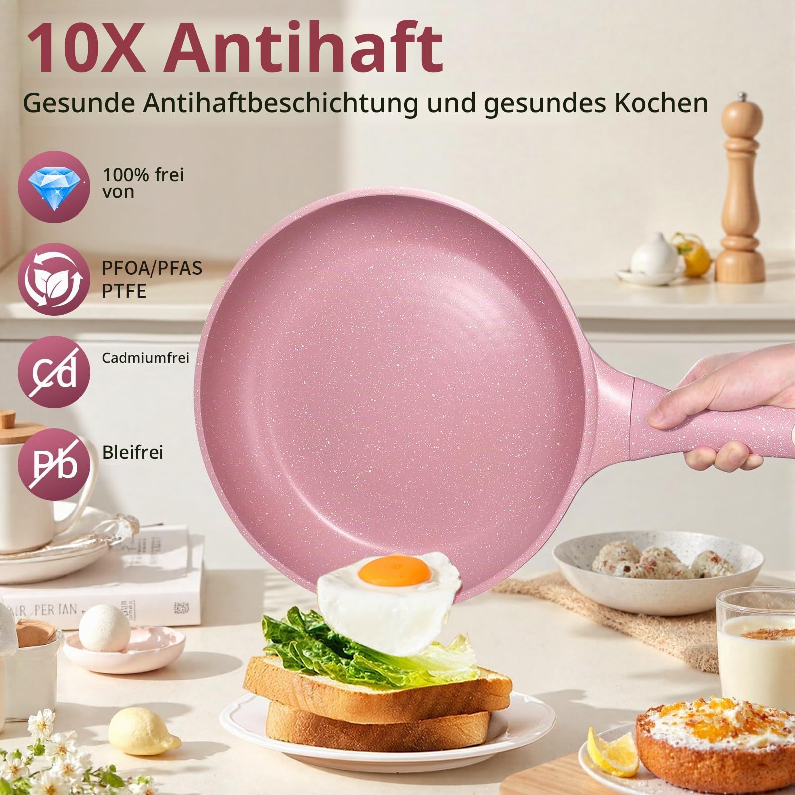 DYGG Antihaft Bratpfanne 28 cm mit Glasdeckel, Granitbeschichtung für fettfreies Braten, 100% frei von PFAS & PFOA, für alle Herdarten inkl. Induktion, (Gas, Ceran, Elektro) Pink