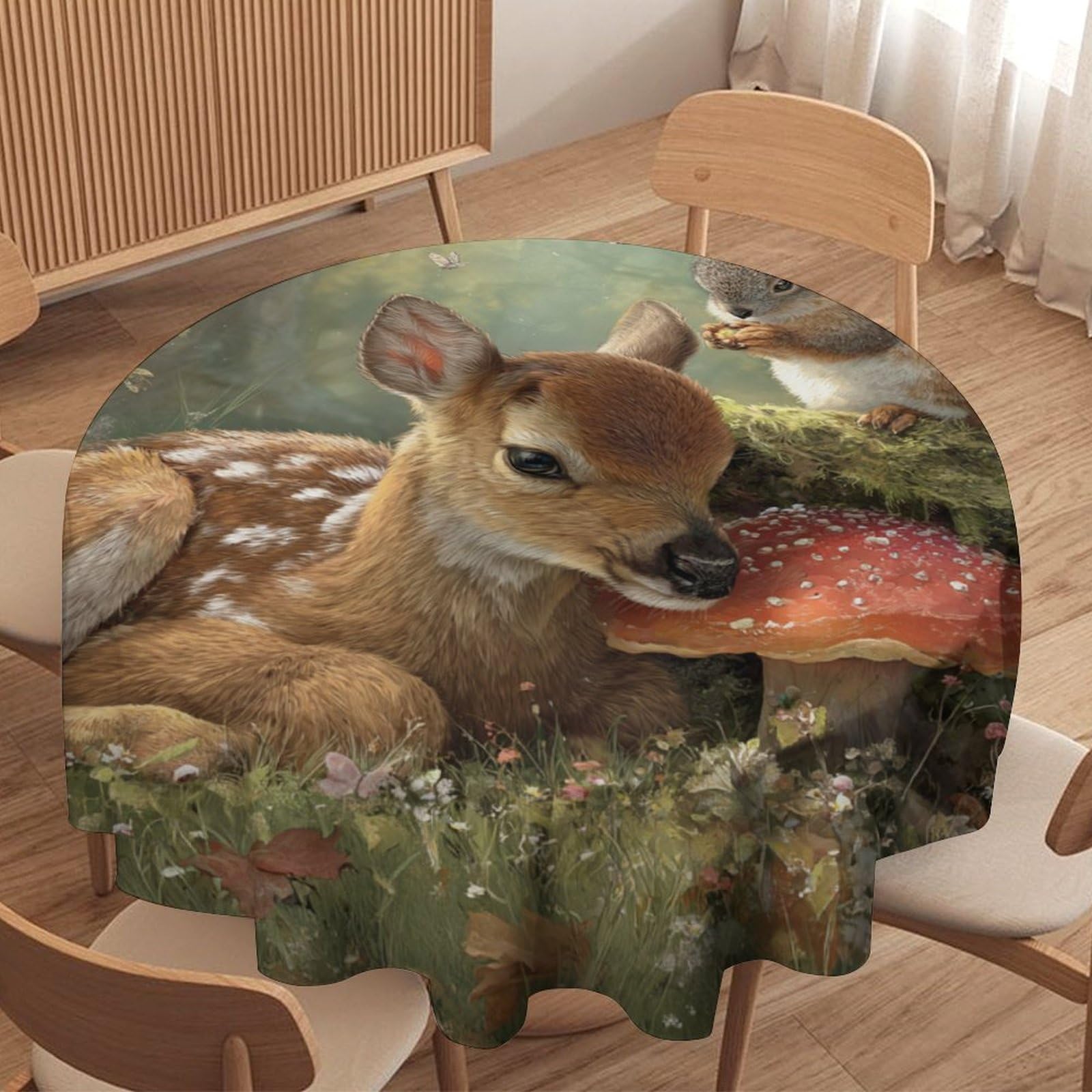 LUYYSKY Cute Vintage Deer Round Tablecloth Classic Cartoon Art Autumn Animal Elk Squirrel Mushroom Floral Washable Decor for Table Cover for Kitchen-127 Wx127 L cm
