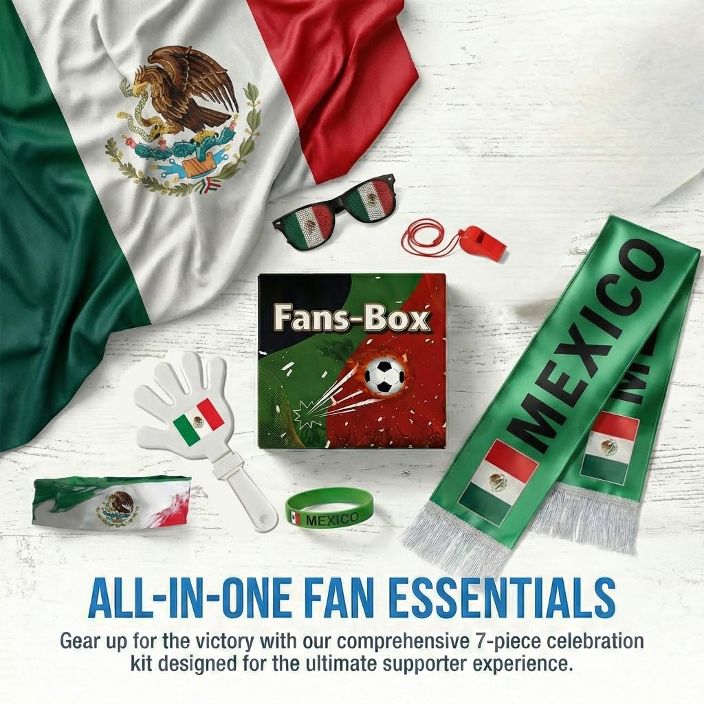 Soccer Fan Gear Set 2026-7 Piece Game Day Kit with Flag, Scarf, Glasses, Whistle, Clapper, Wristband & Headband in Gift Box - Watch Party & Stadium Essentials for Mexico - 4