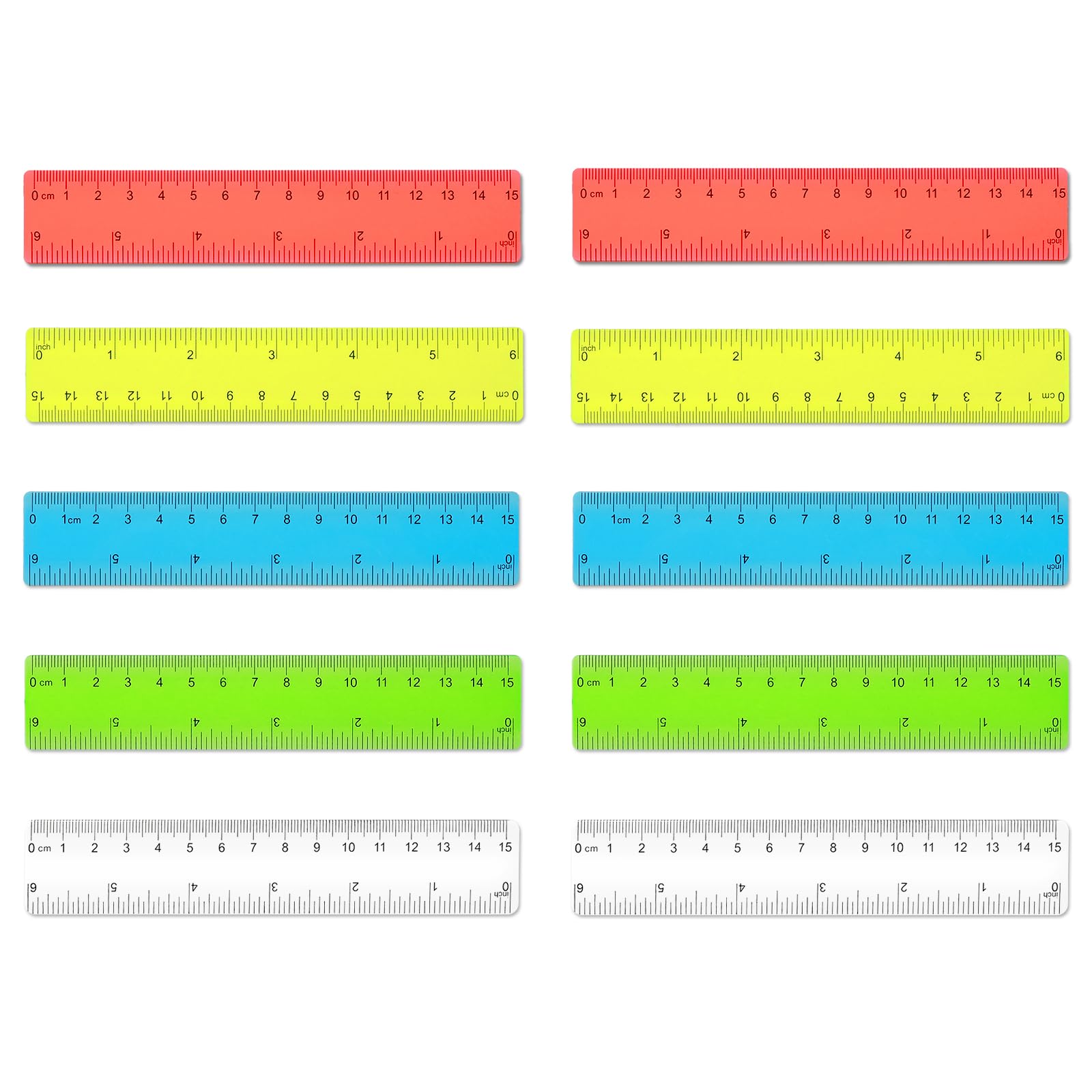 Thinp Regla, paquete de 10 colores surtidos, 15 cm, regla de plástico flexible con centímetros y pulgadas, mini regla inastillable para aula, escuela, oficina en casa