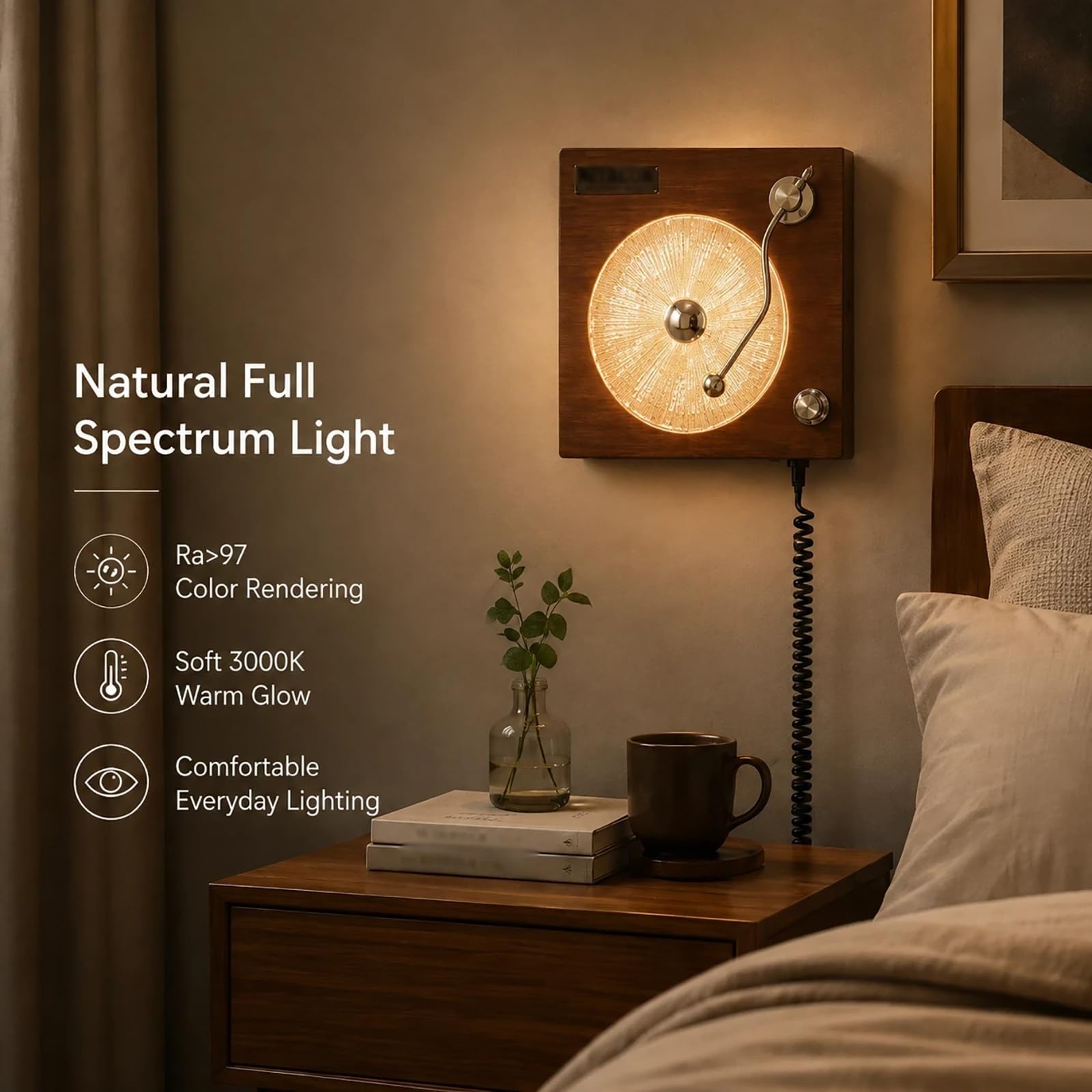 Lampa ścienna w stylu vintage, model inspirowany gramofonem | Funkcją ściemniania, Design retro nawiązujący do płyt winylowych, płynna regulacja jasności, klosz ze szkła o fakturze