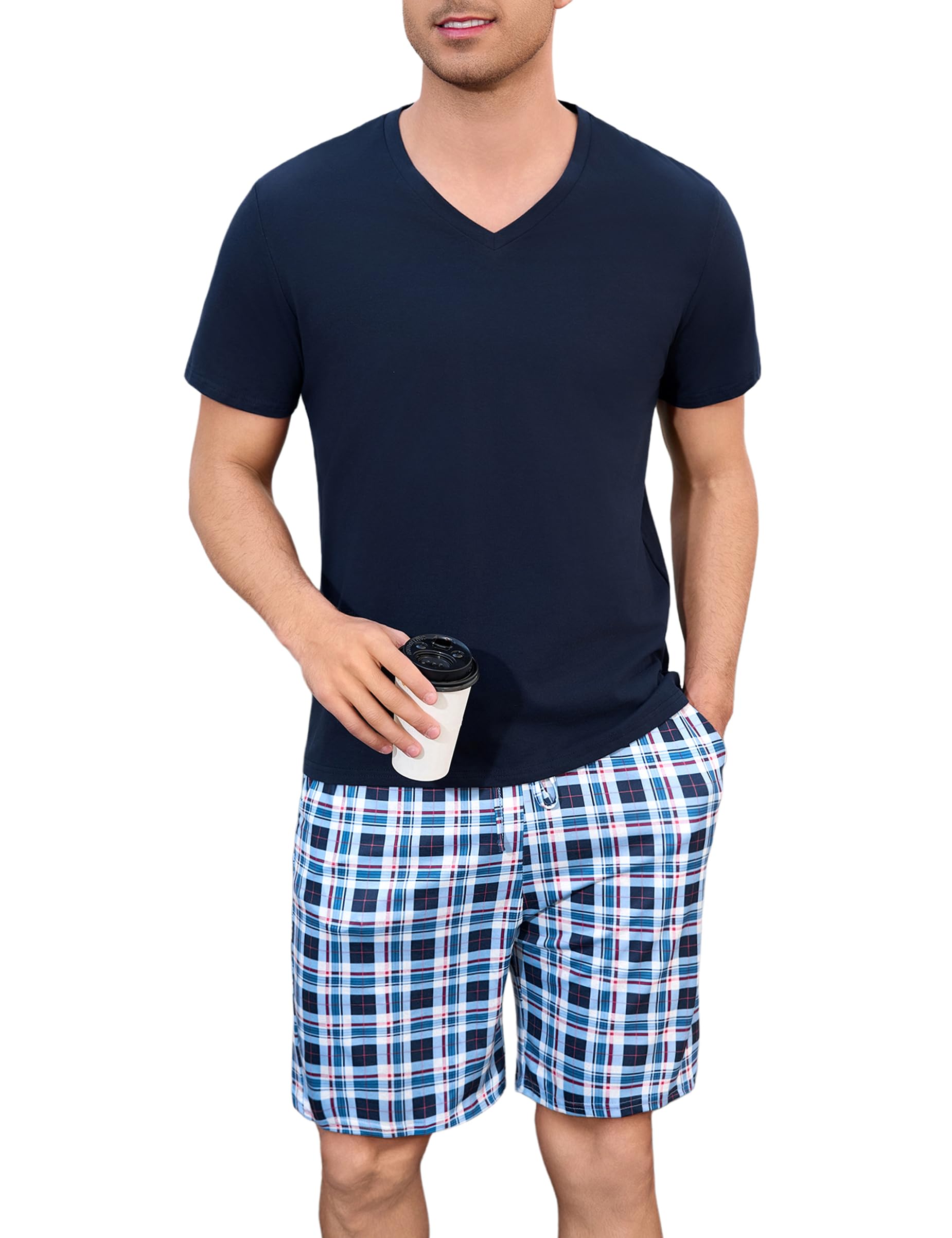 Bresdk Schlafanzug Herren Kurz Pyjama Set Baumwolle Kariert Zweiteilige Nachtwäsche für Herren